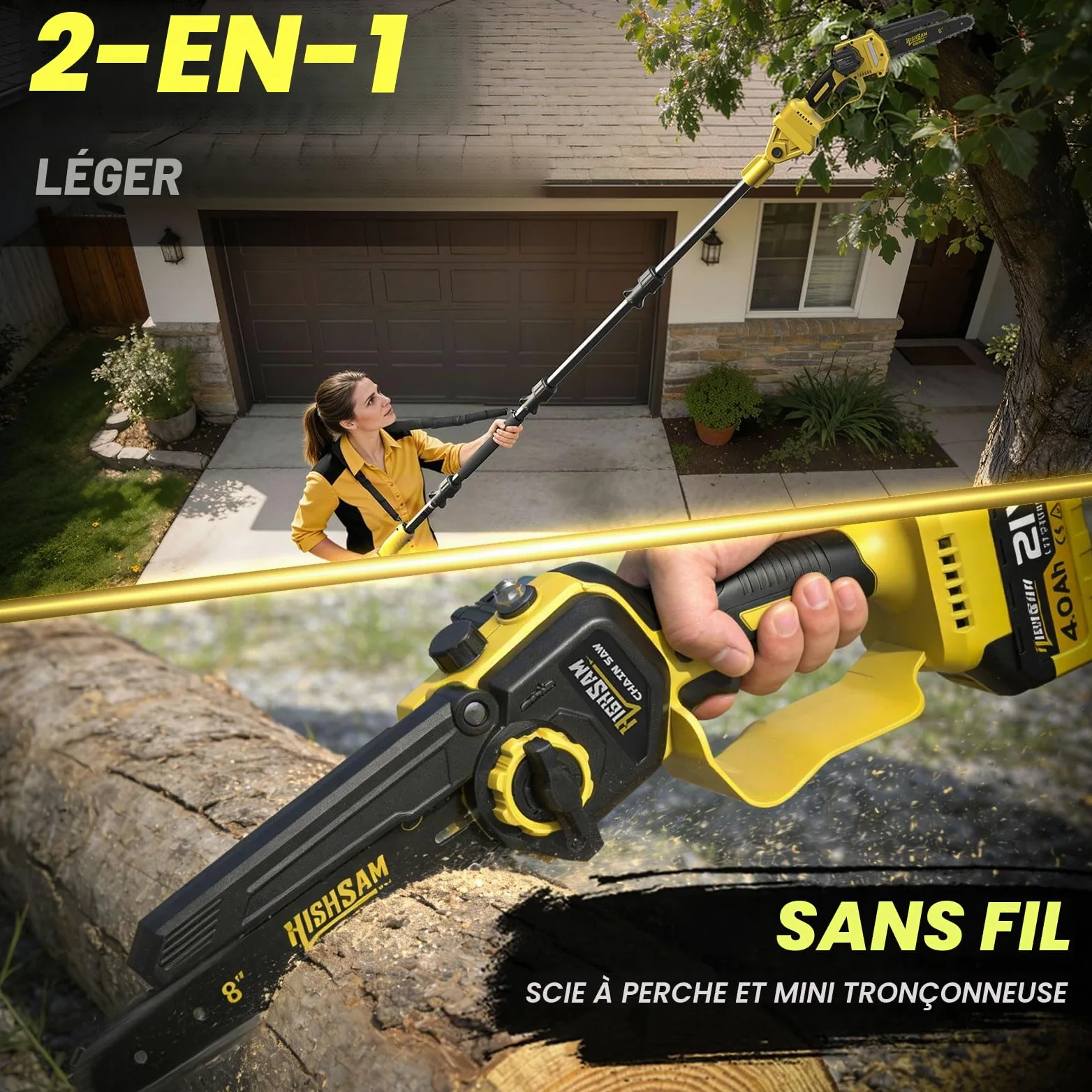 2-en-1 Tronçonneuse à Batterie & Scie à Élaguer, Moteur Sans Balais Compatible Makita 18V, 8 Pouces Mini Tronçonneuse, 2×4.0Ah, Perche 4.2m, Tête 180°, Élagage Branches & Coupe Bois