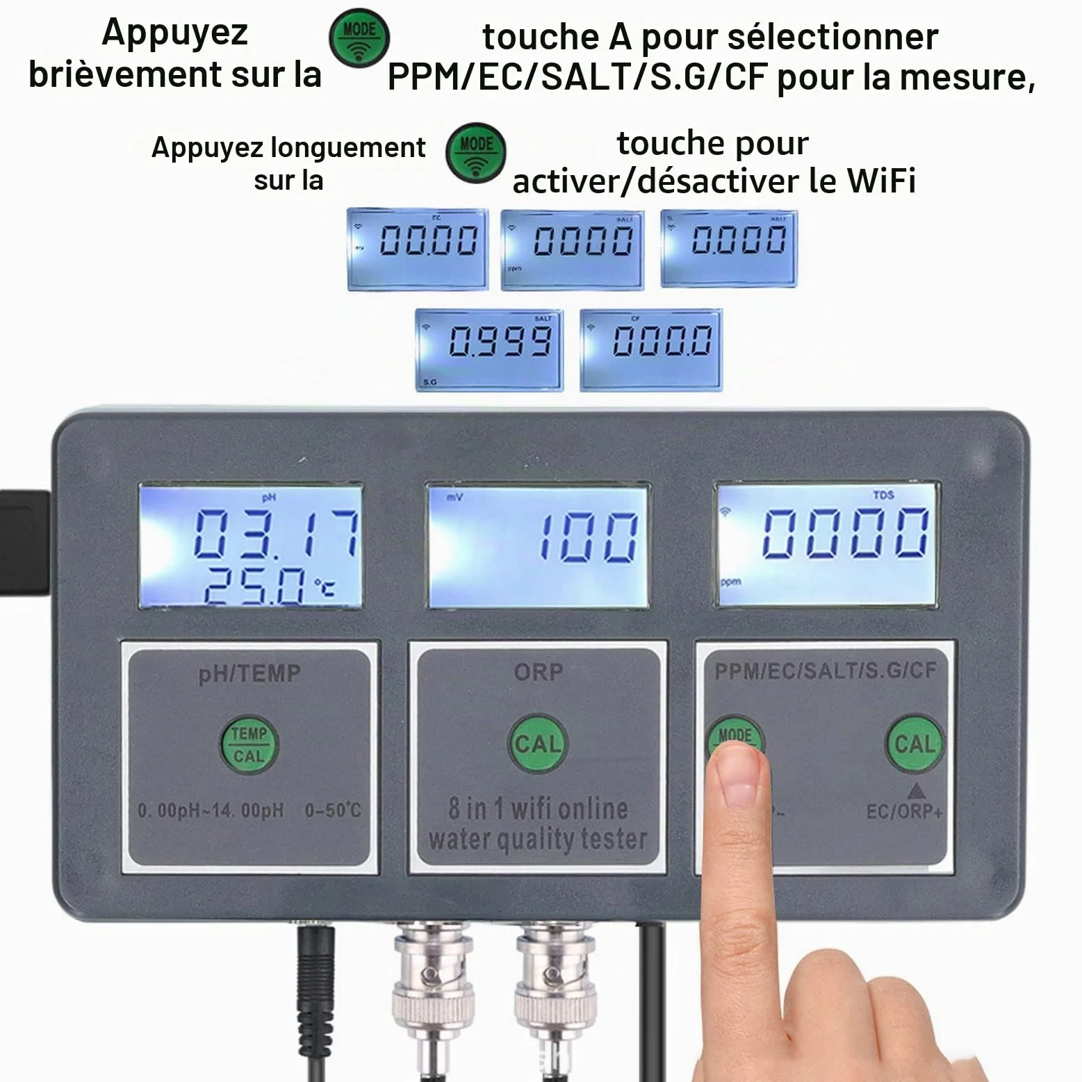 Testeur de Qualité de l'eau, 8 en 1 Testeur S.G Ph EC Salt Orp Tds CF Temp, Portable Kit d'analyse de l'eau pour l'eau Potable, Les piscines, Aquariums, Détecteur Hydroponique