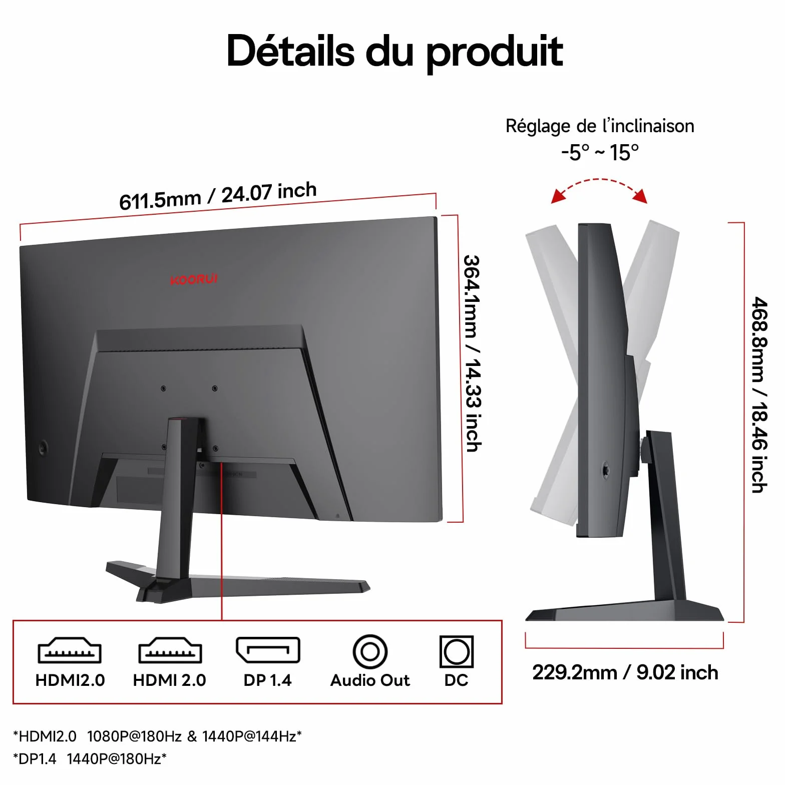 KOORUI 27 Pouces Écran Gaming Incurvé QHD 2560x1440 180 Hz Adaptive-Sync VESA 100x100mm HDMI 2.0 DisplayPort 1.4