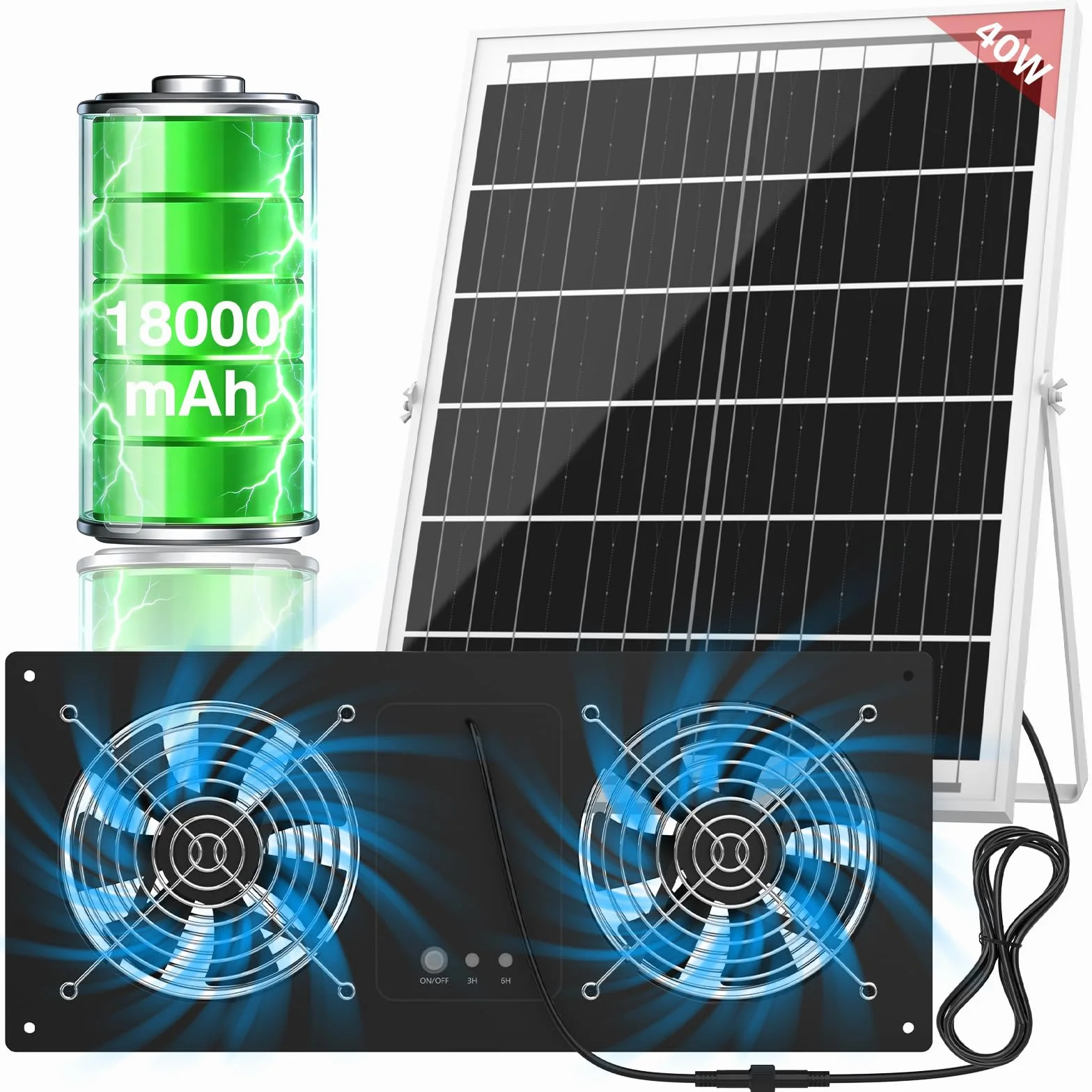 Ventilateur solaire 40W 18000mAh 3500tr/min avec batterie minuterie étanche silencieux pour poulailler serre abri