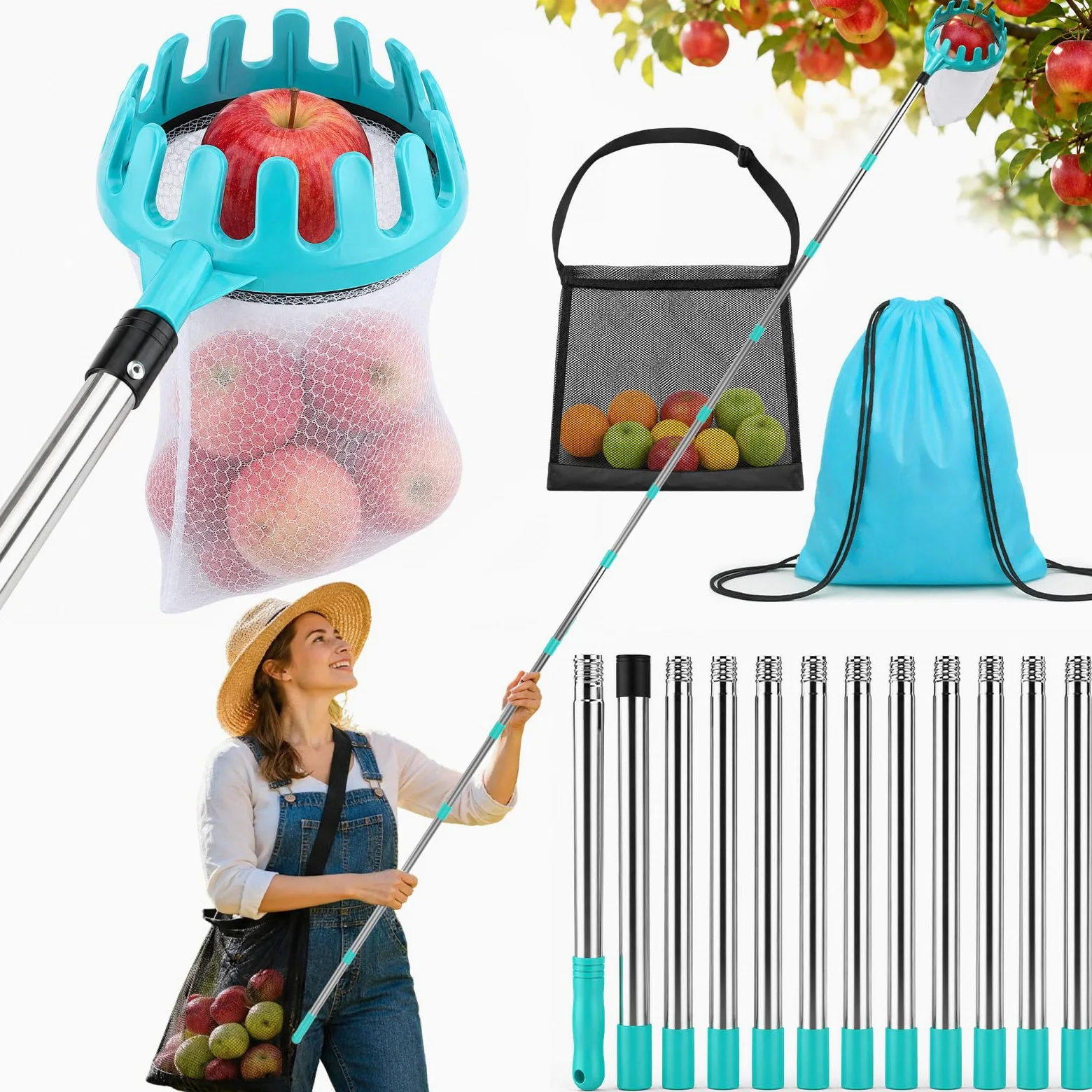 Cueilleuse à fruits de 4,6 m avec manche télescopique et sac à fruits