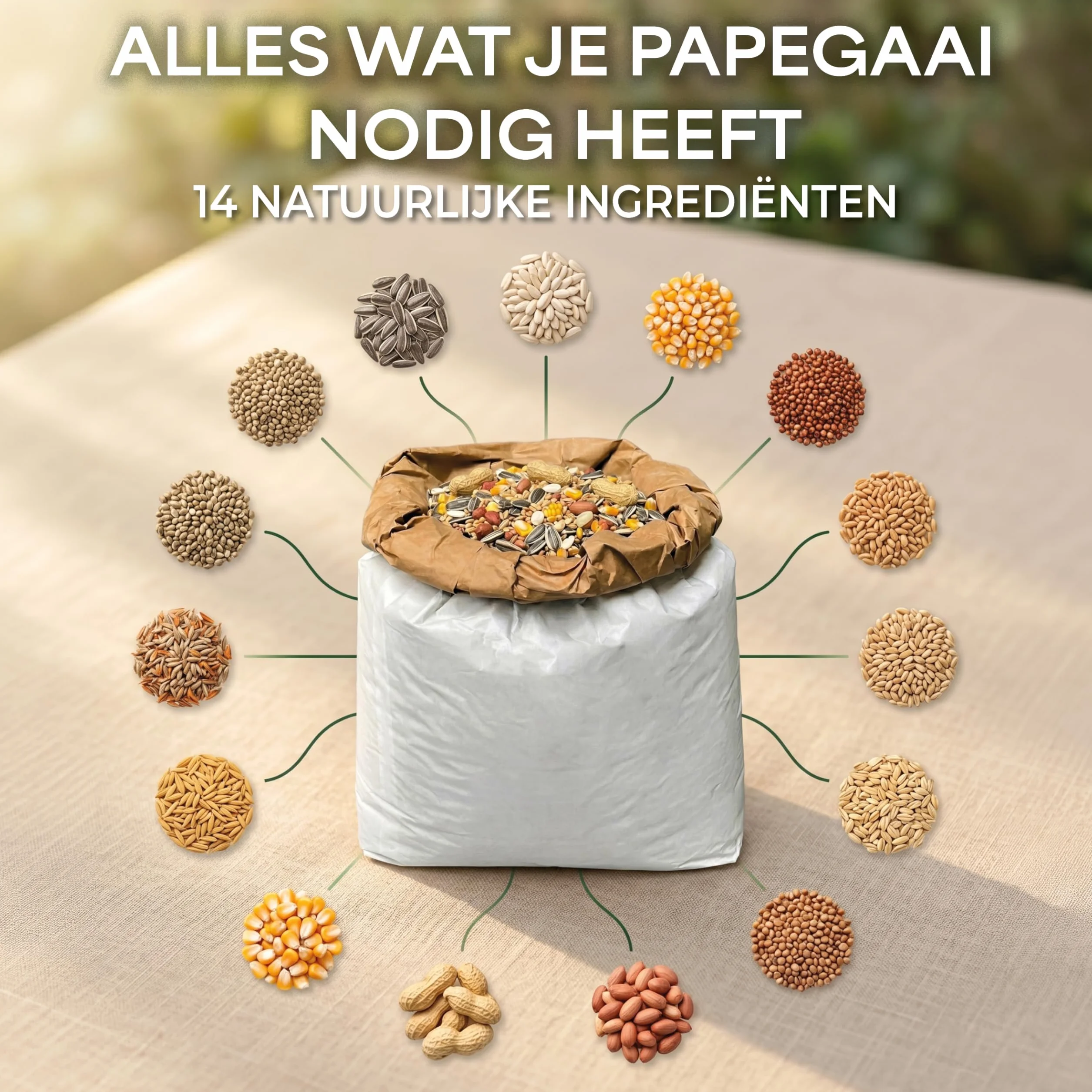Mélange de graines pour perroquets 15 kg Ara cacatoès amazoniens cacahuètes pépins de soleil 14 ingrédients naturels Emballage économique