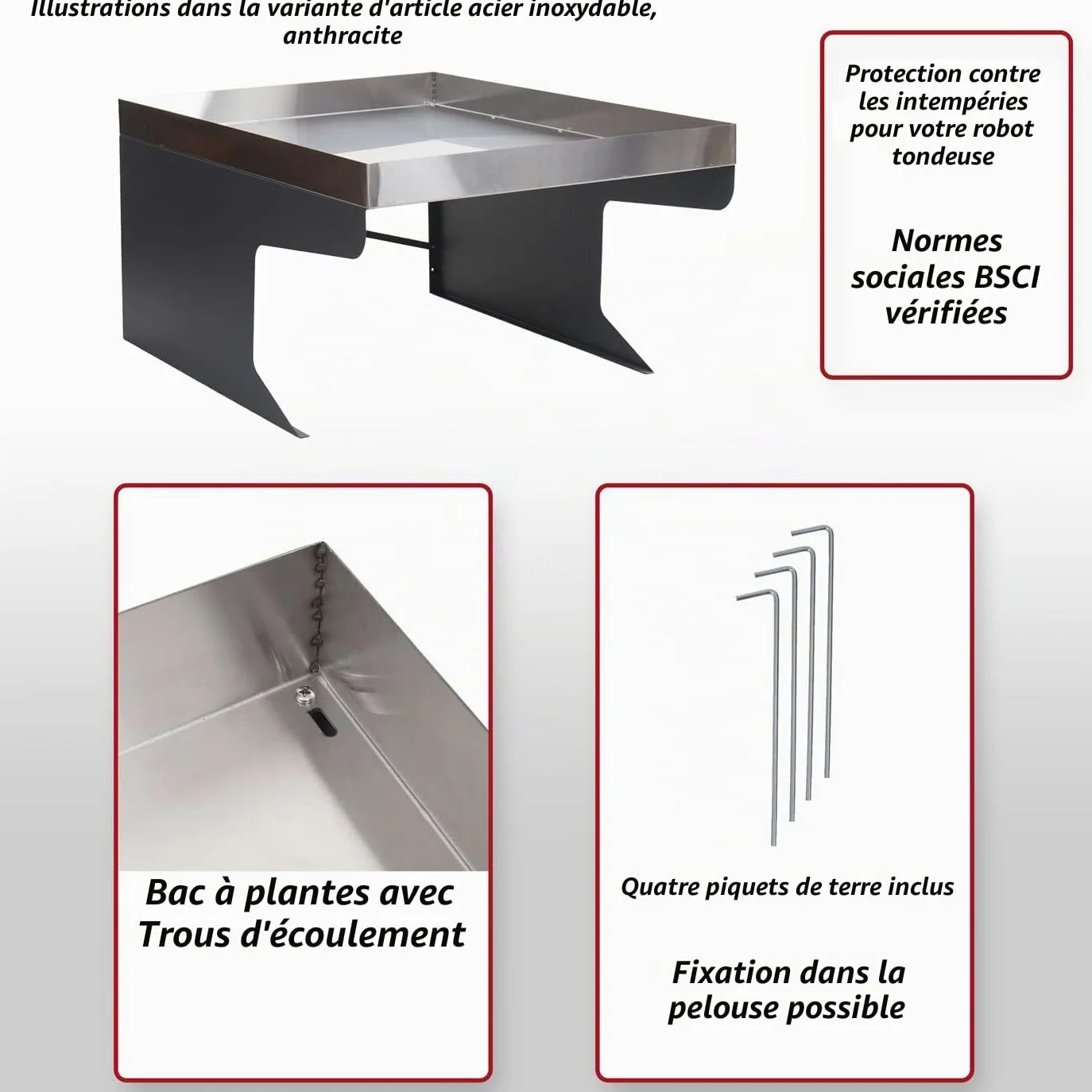 Garage XL pour Tondeuse-Robot avec bac à Plantes HWC-G60 métal 47x70x100cm INOX