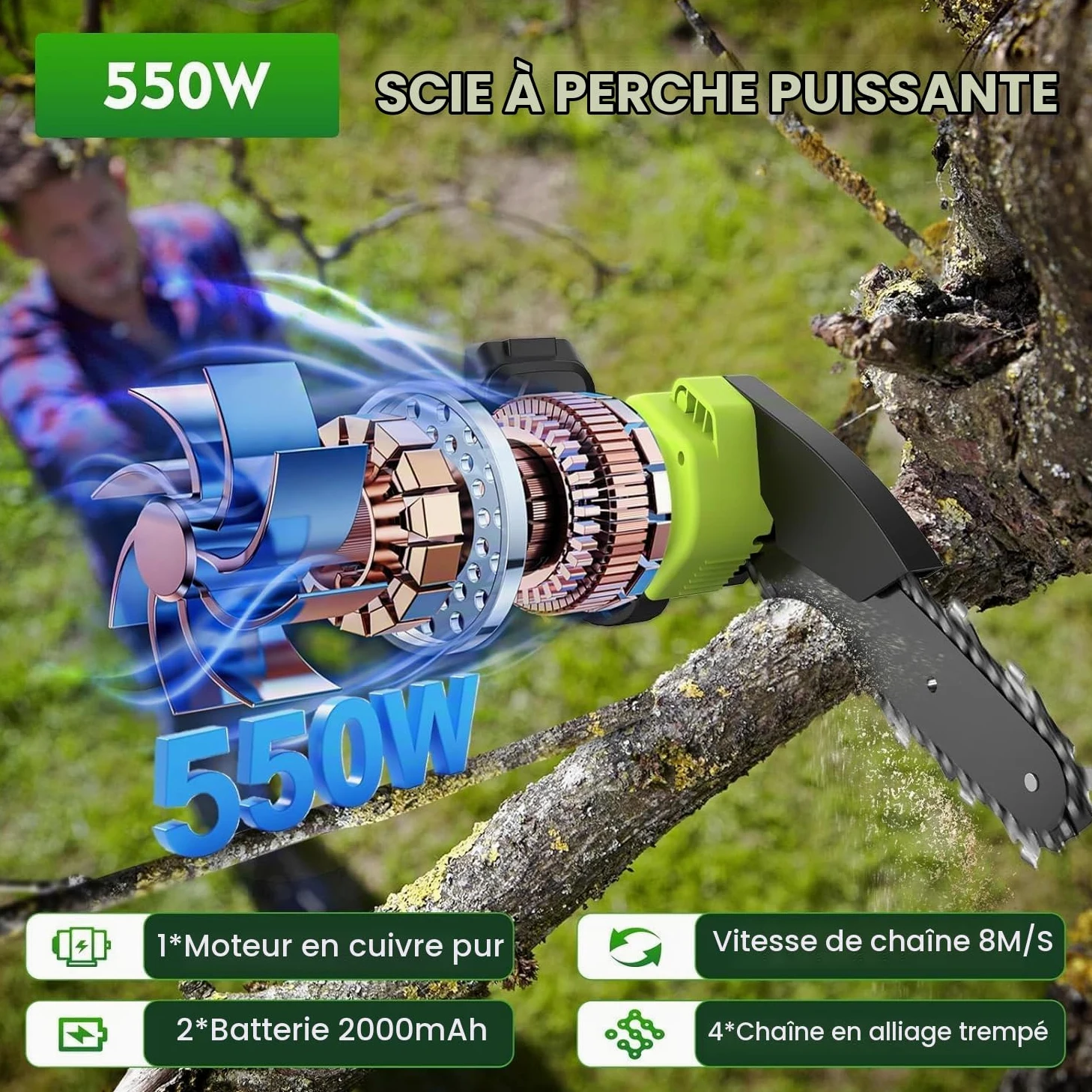 Tronçonneuse Électrique et Taille Haie sans Fil avec Perche 4 en 1, Élagueuse sur Perche avec 4 Chaînes 2 Batteries Taille Haies Telescopique, Angle Réglable, Idéal Jardin Verger Élagage/Taille Haie