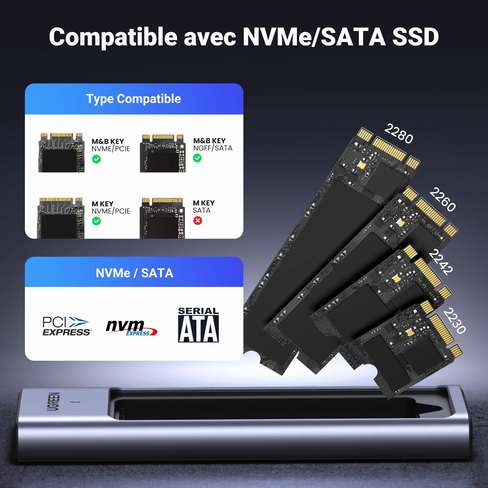 UGREEN Boîtier M2 SSD NVMe SATA 20 Gbps USB 3.2 Gen 2 Adaptateur Disque Dur Externe Aluminium M.2 2230 2242 2260 2280
