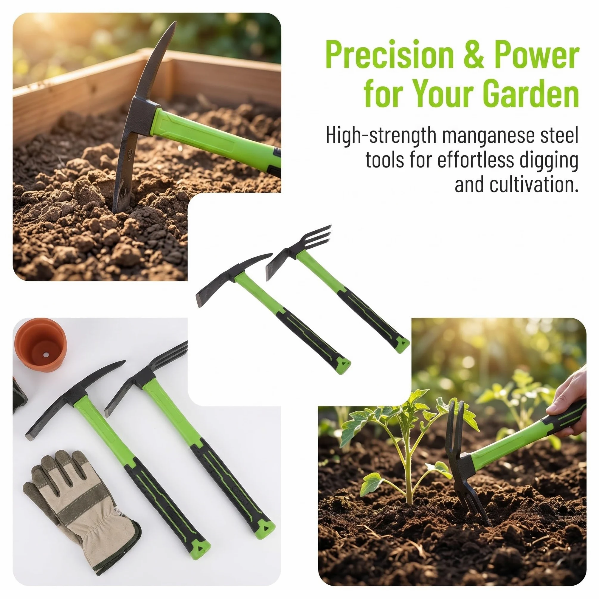 INOOMP Ensemble de 1 houe, cultivateur et râteau à main pour jardin, | Houe et râteau robustes en acier au manganèse, outils de désherbage et de bêchage avec trou de suspension pour