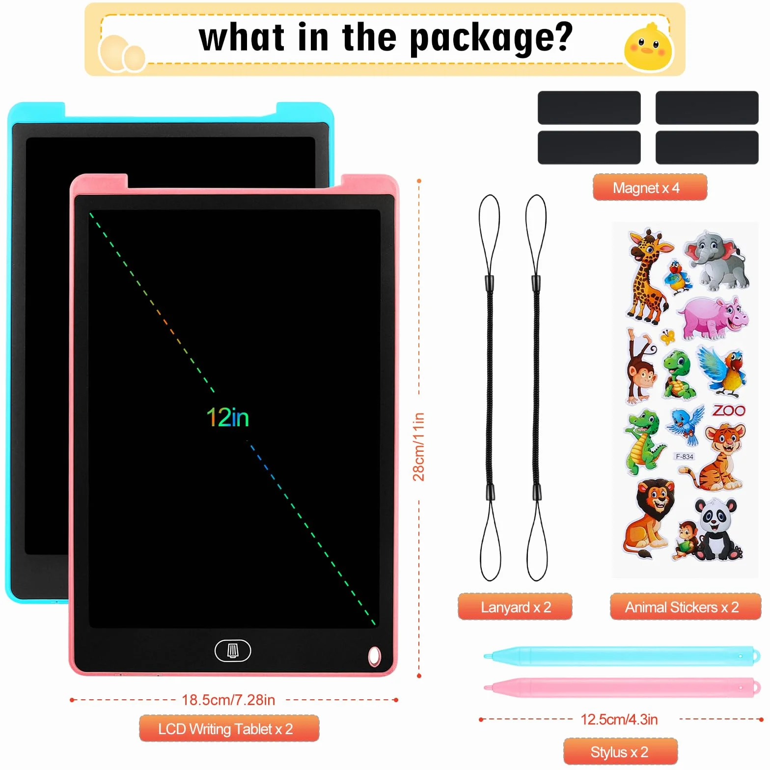 Tablette D'écriture LCD 12 Pouces 2 Pack, Tablette Dessin Écran Coloré, Bloc Effaçable avec Autocollants Animaux, Bleu + Rose