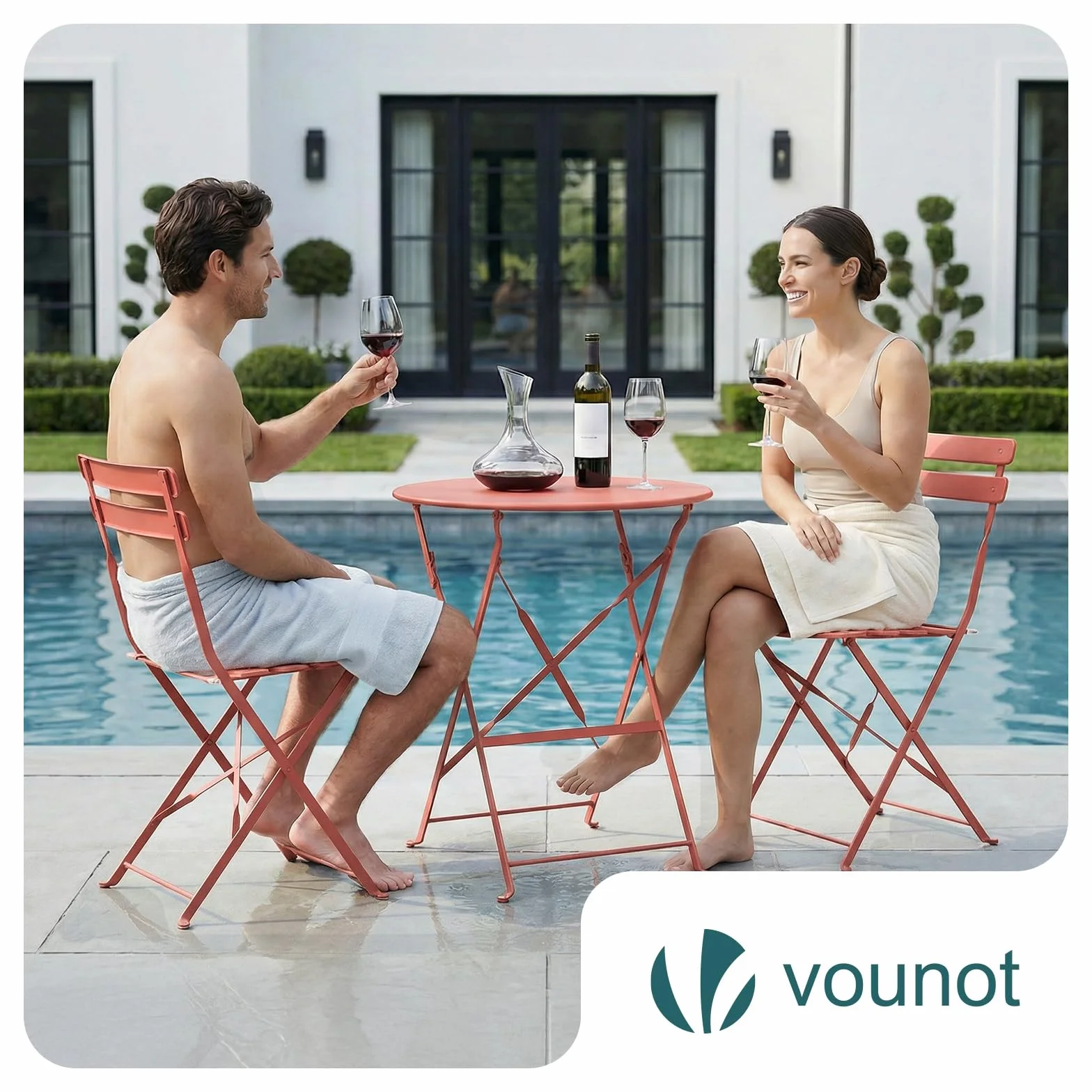 Vounot Ensemble de Bistrot Pliant 3 Pièces Métal Rouge Brique Jardin