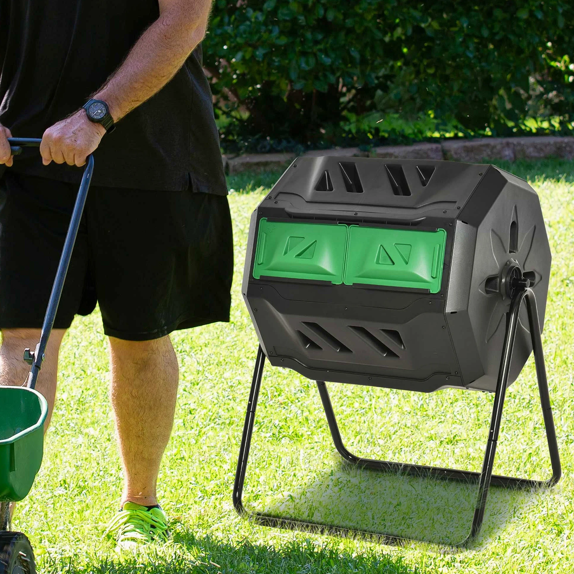 Outsunny Composteur Rotatif 160L à Double Chambre extérieur, Noir | Rotation 360°, Bac à compost de jardin, Portes coulissantes, Cadre en acier solide