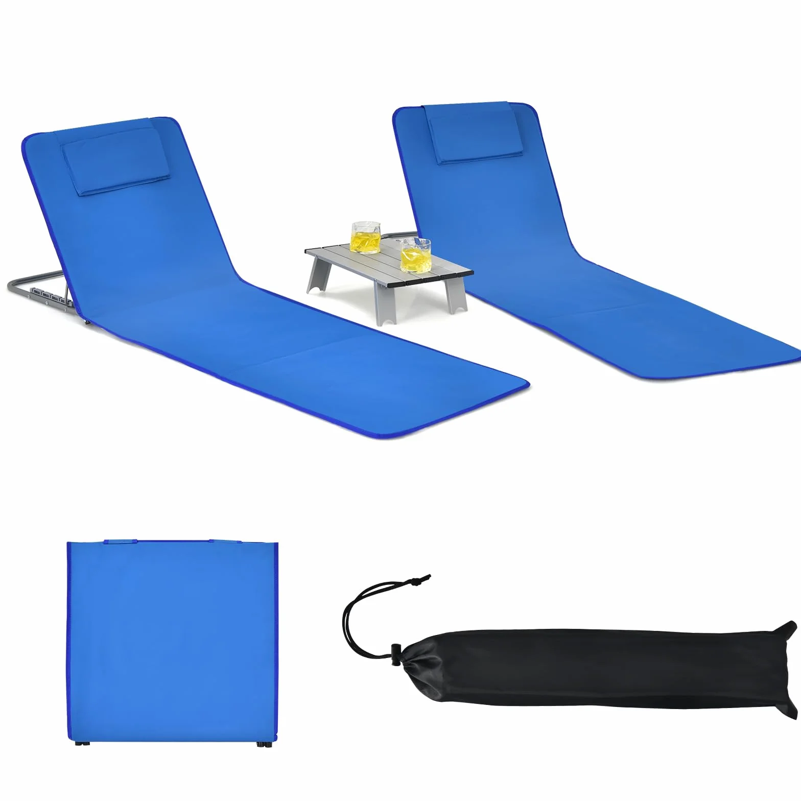 KOMFOTTEU Lot de 2 Matela de Plage Pliable avec Table Basse, Tapis de Plage, Dossier réglable en 5 Positions, Lits de Plage avec Appuie-tête, Portable avec Bandoulière, 151 x 55,5 cm (Bleu)