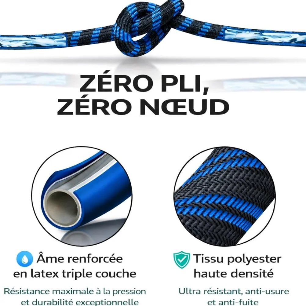 Tuyau Arrosage Extensible 22,5m – Tuyau d'Arrosage Rétractable Flexible, Pistolet Métal 10 Jets, Raccords Laiton 1/2" et 3/4", Triple Latex Renforcé – Jardin, Terrasse, Lavage Voiture (Bleu)