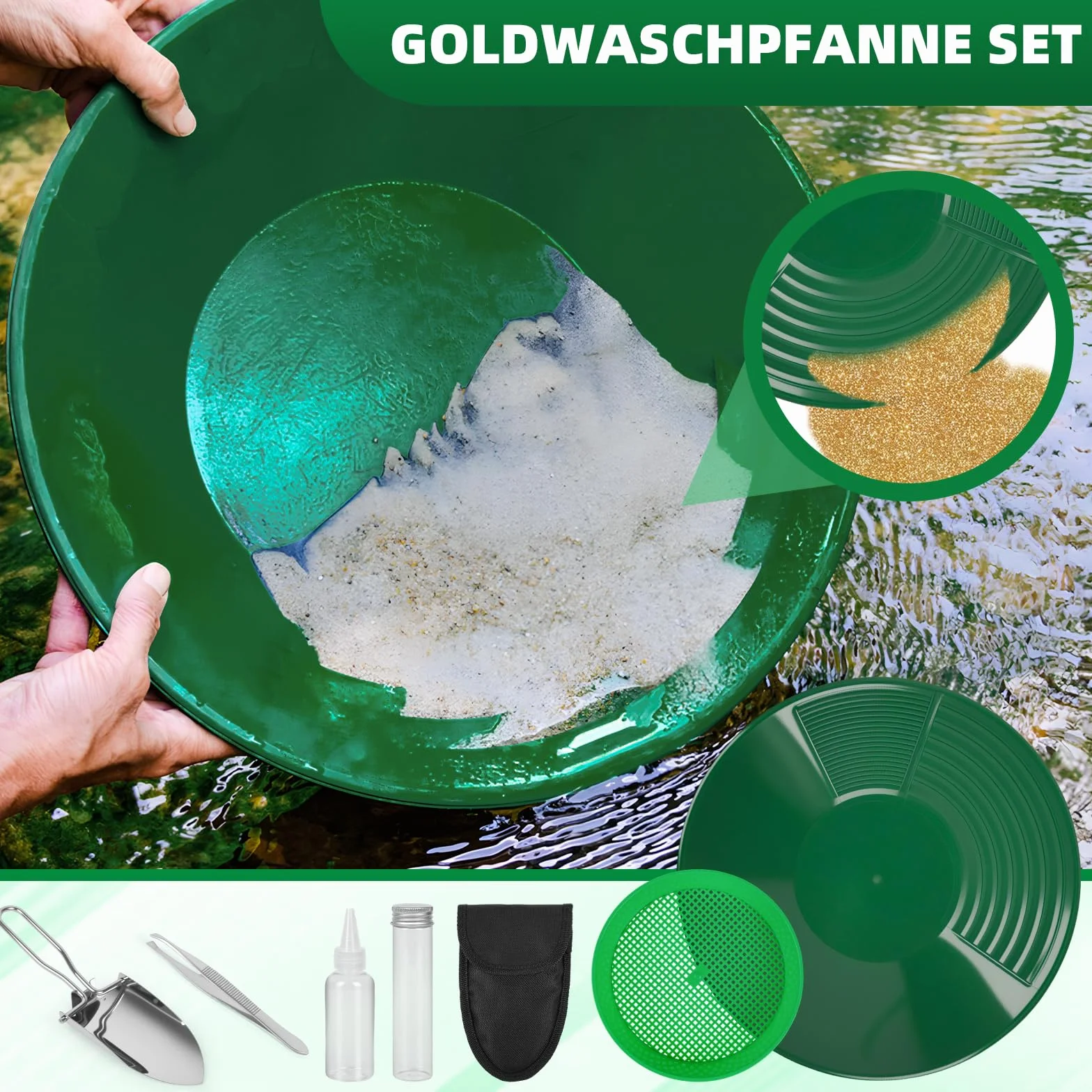 Kit Orpaillage 38.5cm Batee Orpaillage Gold Pan Rampe avec Tamis Plastique pour Chercheur d'Or Vert