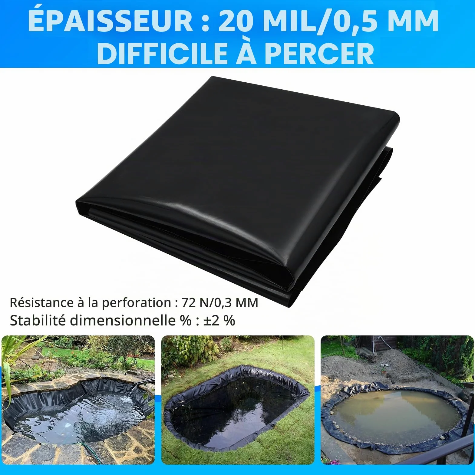 Bâche de Bassin en PVC de qualité supérieure 3x6M, Noire, en PEHD, très résistante, Film d'étanchéité pour Bassin de baignade, bassins à Poissons, fontaines, Jardins Aquatiques et Cascades