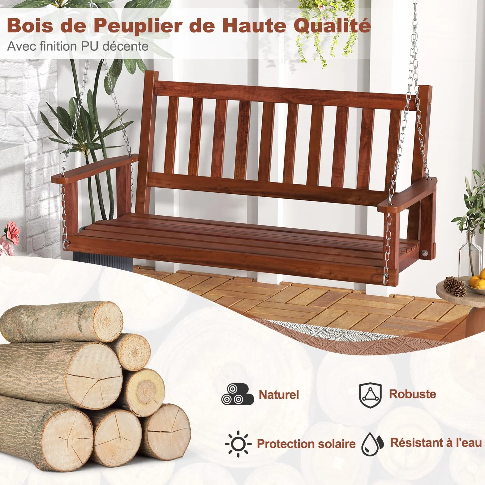 GOPLUS Balançelle Jardin 2/3 Places Extérieur Chaise Hamac Suspension Bois 230/360KG 136x67x63CM Marron