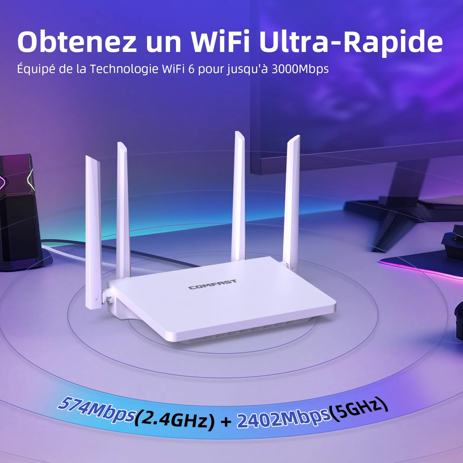COMFAST AX3000 Routeur WiFi 6 3000Mbps Bi-Bande 4 Ports Gigabit 4 Antennes EasyMesh WPA3