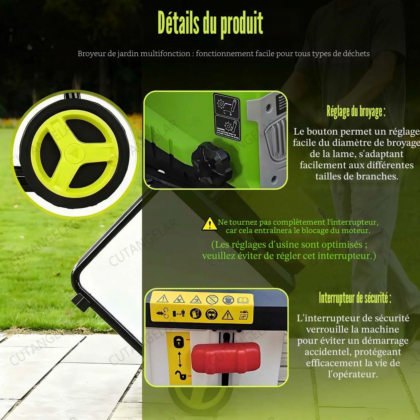 Déchiqueteur Bois Électrique, Broyeur Jardin 2800W Avec Capacité Branches 45mm, Sac Collecteur Amovible 60L, Interrupteur Sécurité Et Design Portable, Adapté Entretien Jardin.