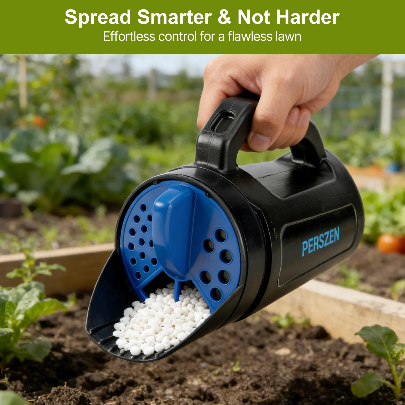 PERSZEN Épandeur portatif pour engrais, graines d'herbe et fonte de glace, épandeur de graines multi-usage pour pelouse avec ouvertures réglables, capacité de 2,4 g pour cour et entretien du jardin