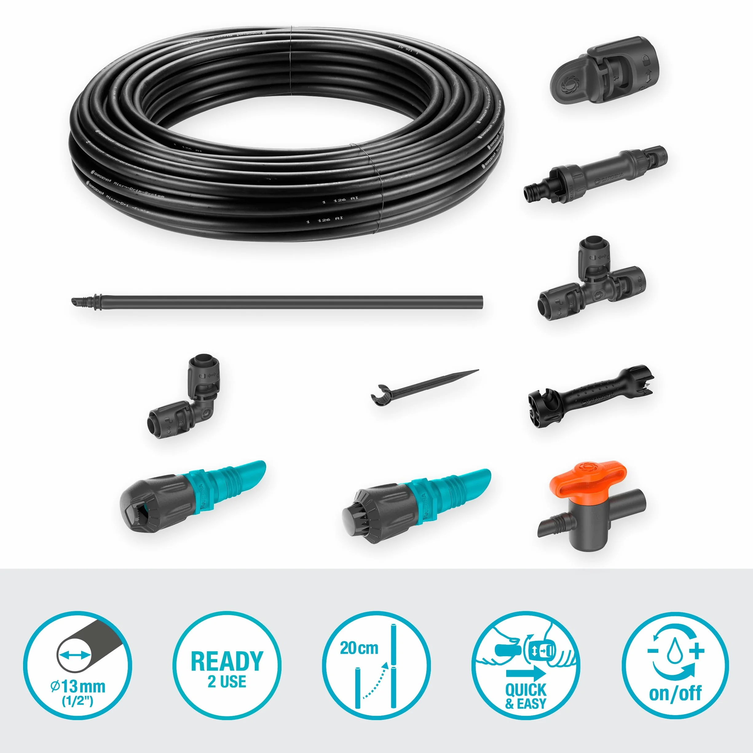 Gardena Micro-Drip System Kit d'irrigation goutte à goutte pour parterres de légumes/fleurs (40 m²): kit de démarrage prêt à l'emploi, système d'irrigation à économie d'eau (13450-20)