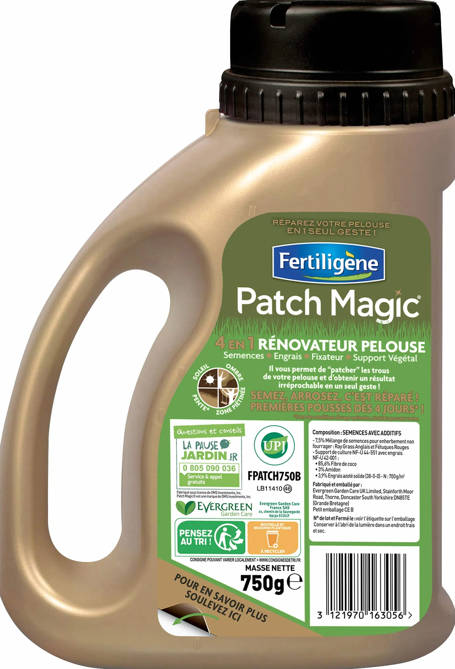FERTILIGENE FPATCH750 Patch Magic Rénovateur de Pelouse 750 g - Formule 4 en 1 semences, engrais, fixateur, support végétal