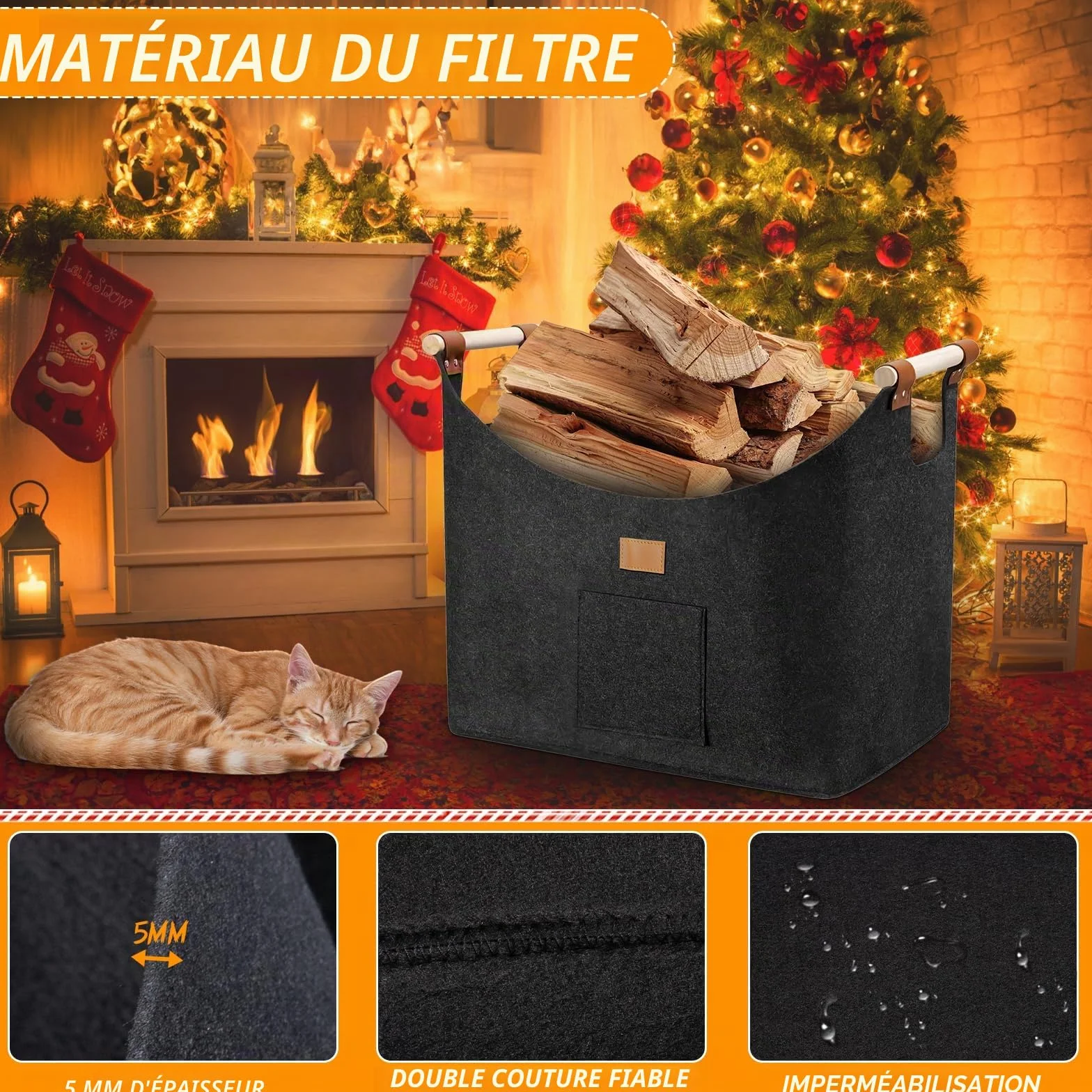 Panier à Bûches Pliable 60x40xcm avec Poignée et Poches Latérales