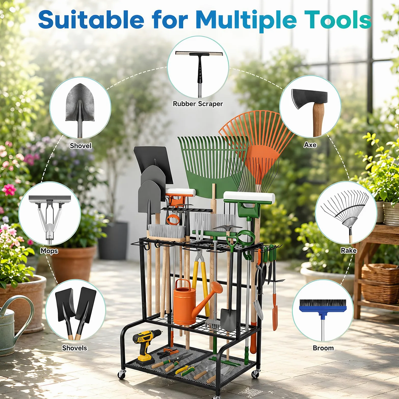 Support de rangement pour outils de jardin, 61 x 41 x 66 cm, pour 78 outils à long manche, gestion de garage avec 11 crochets et roues pivotantes à 360°