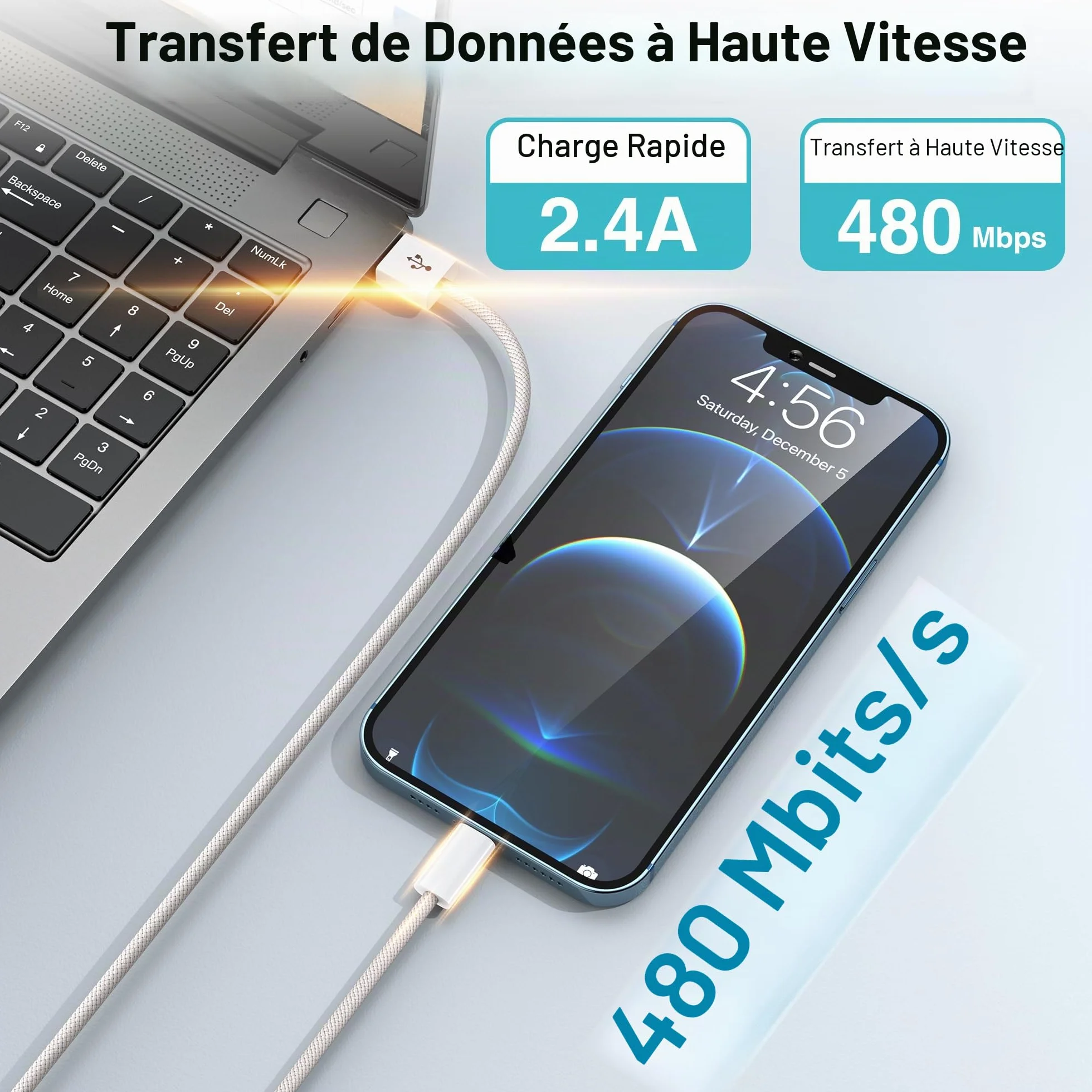 Câble iPhone Chargeur Lightning MFi Nylon Tressé Ultra Résistant Charge Rapide 1M+1M pour iPhone 14 13 12 11 Pro Max
