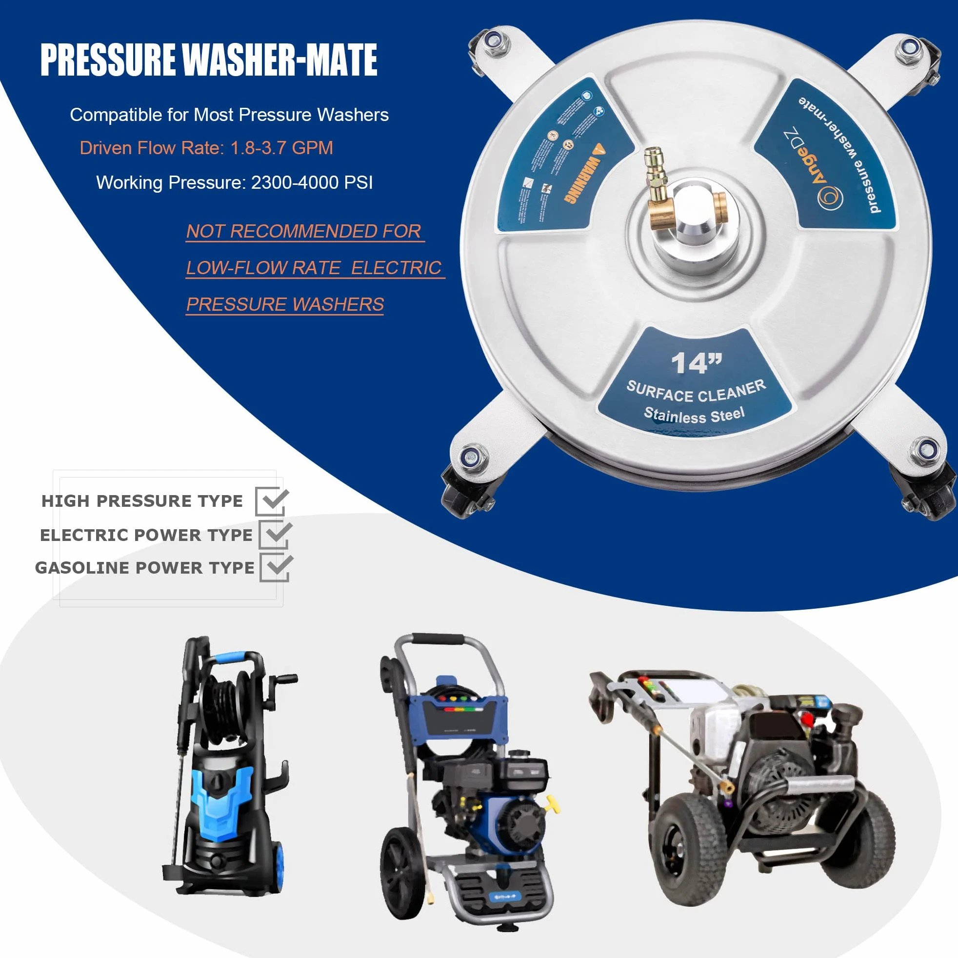 Nettoyeur de Surface pour Nettoyeur Haute Pression de 35,6 cm avec 4 Roues, Prise à Connexion Rapide de 6,35 mm, Fixation de Nettoyeur Haute Pression en Acier Inoxydable Robuste pour allée en