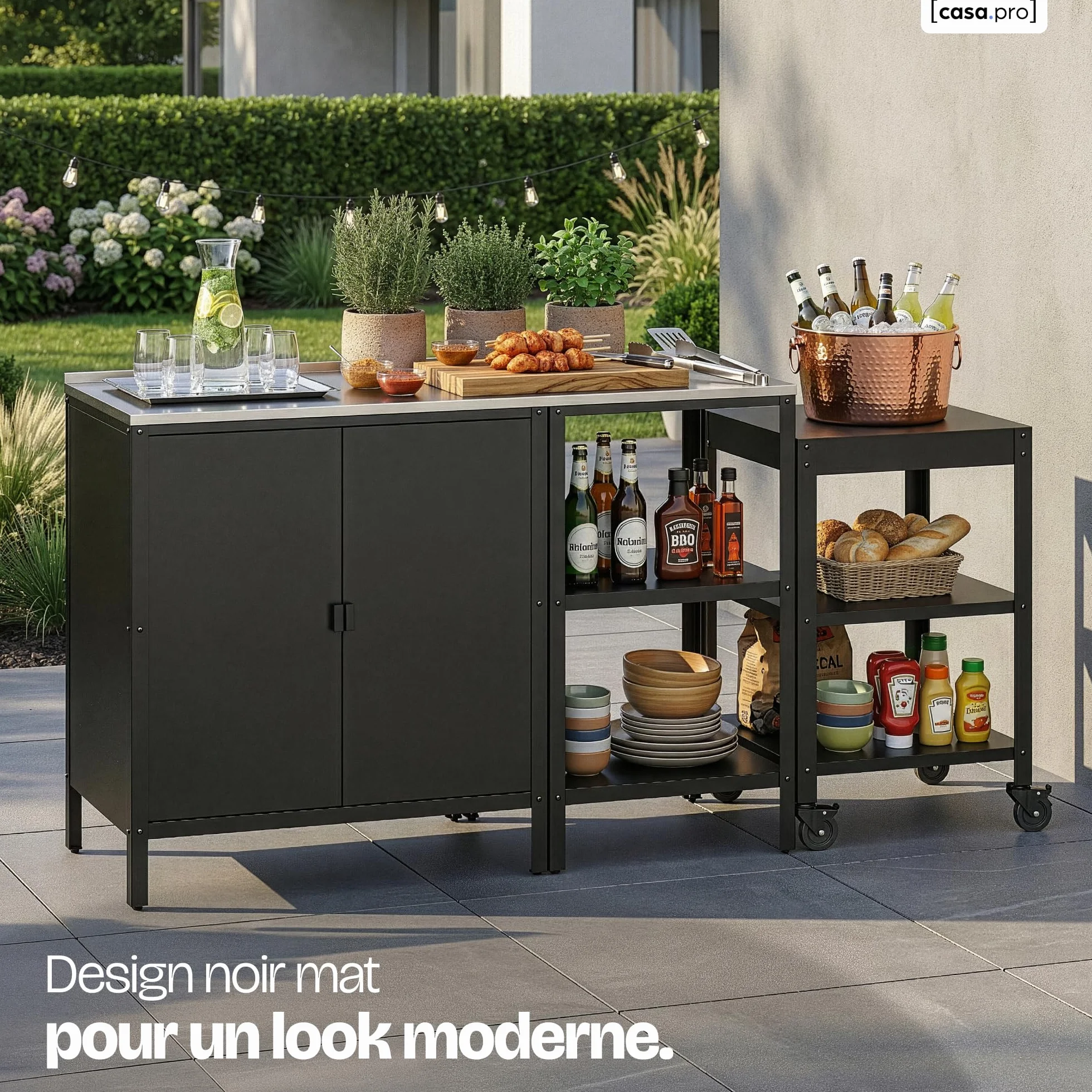 Ensemble de 3 Meubles Outdoor Bolognano Armoire d'Extérieur Chariot Barbecue Acier Noir Mat