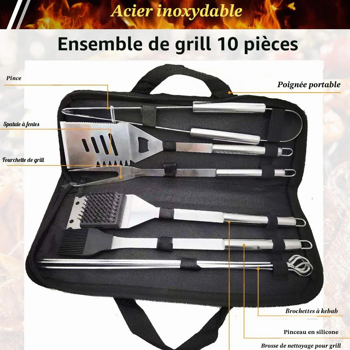 Lot de 10 ustensiles de Barbecue en Acier Inoxydable avec Sac de Transport