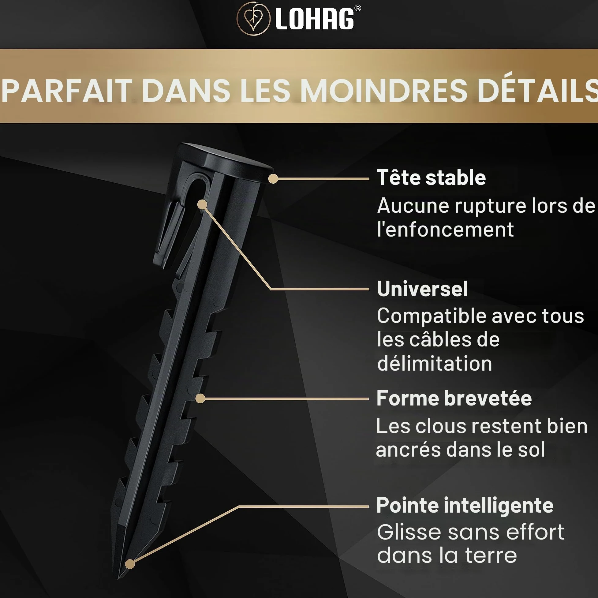 Piquet de terre - Forme brevetée pour robot tondeuse de pelouse - Fil de délimitation Gardena Husqvarna Bosch Worx Honda Yard Force - Câbles de piquets
