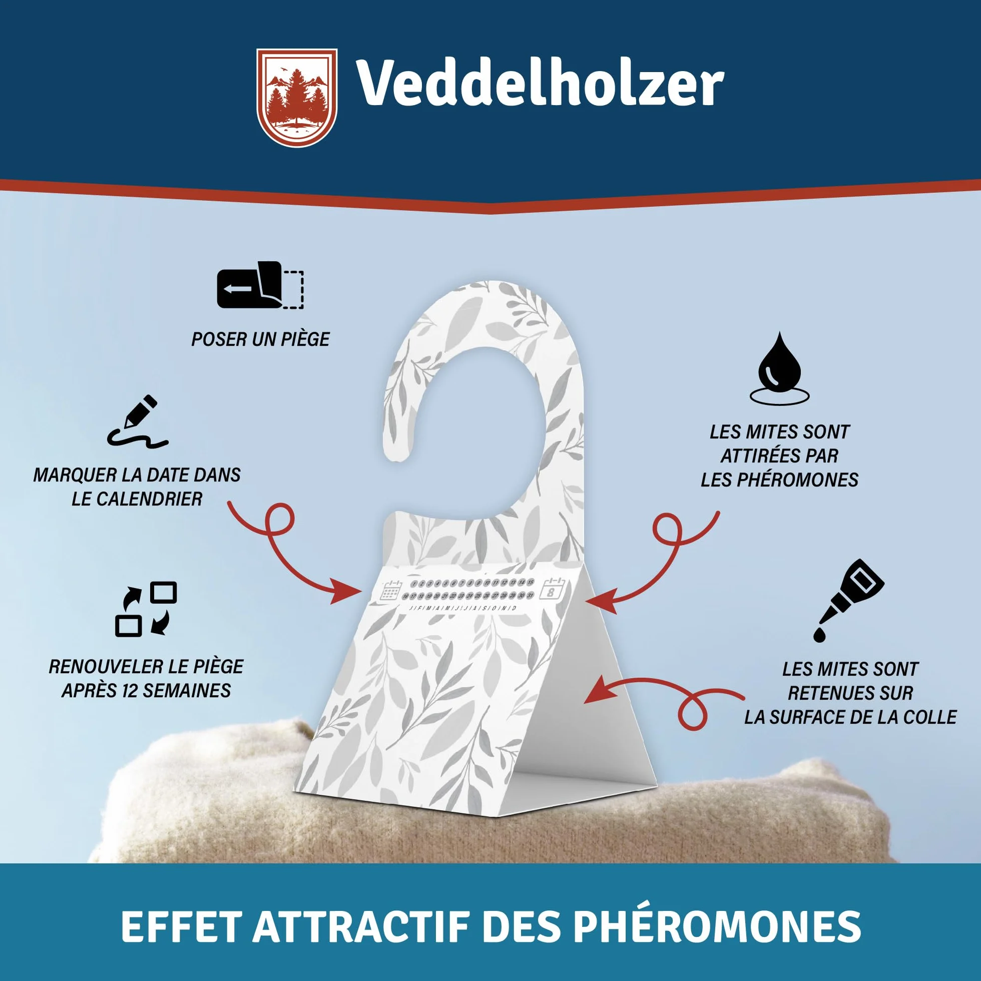 Veddelholzer Lot de 8 pièges à mites de vêtements - Piège triangulaire avec crochets et surface adhésive - Sans odeur et non toxique