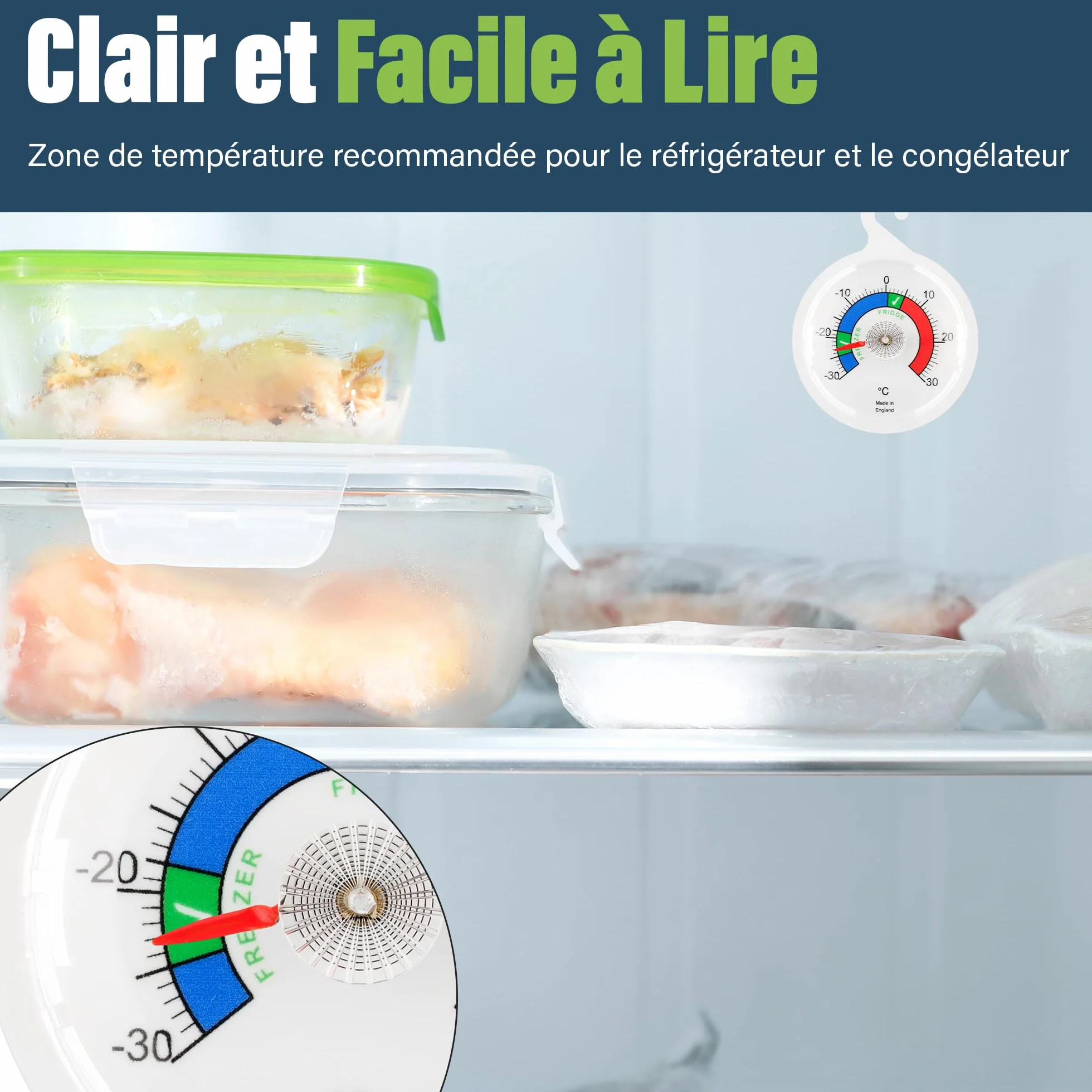 Lot de 2 thermomètres de réfrigérateur à cadran 65 mm zones colorées