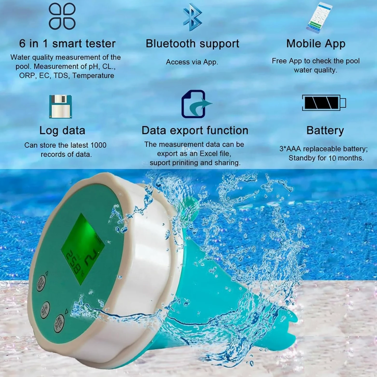 Generic Testeur d'eau Bluetooth pour piscine – Surveillance du pH et du chlore – 1 pièce