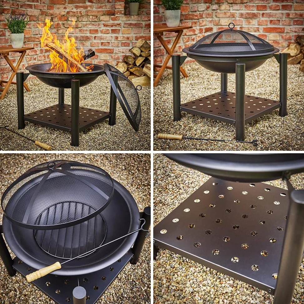 Gardebruk® Brasero de Jardin avec Pare-étincelles Couvercle tisonnier Ø55 cm Support à Bois Acier Noir Jardin Terrasse Cheminée