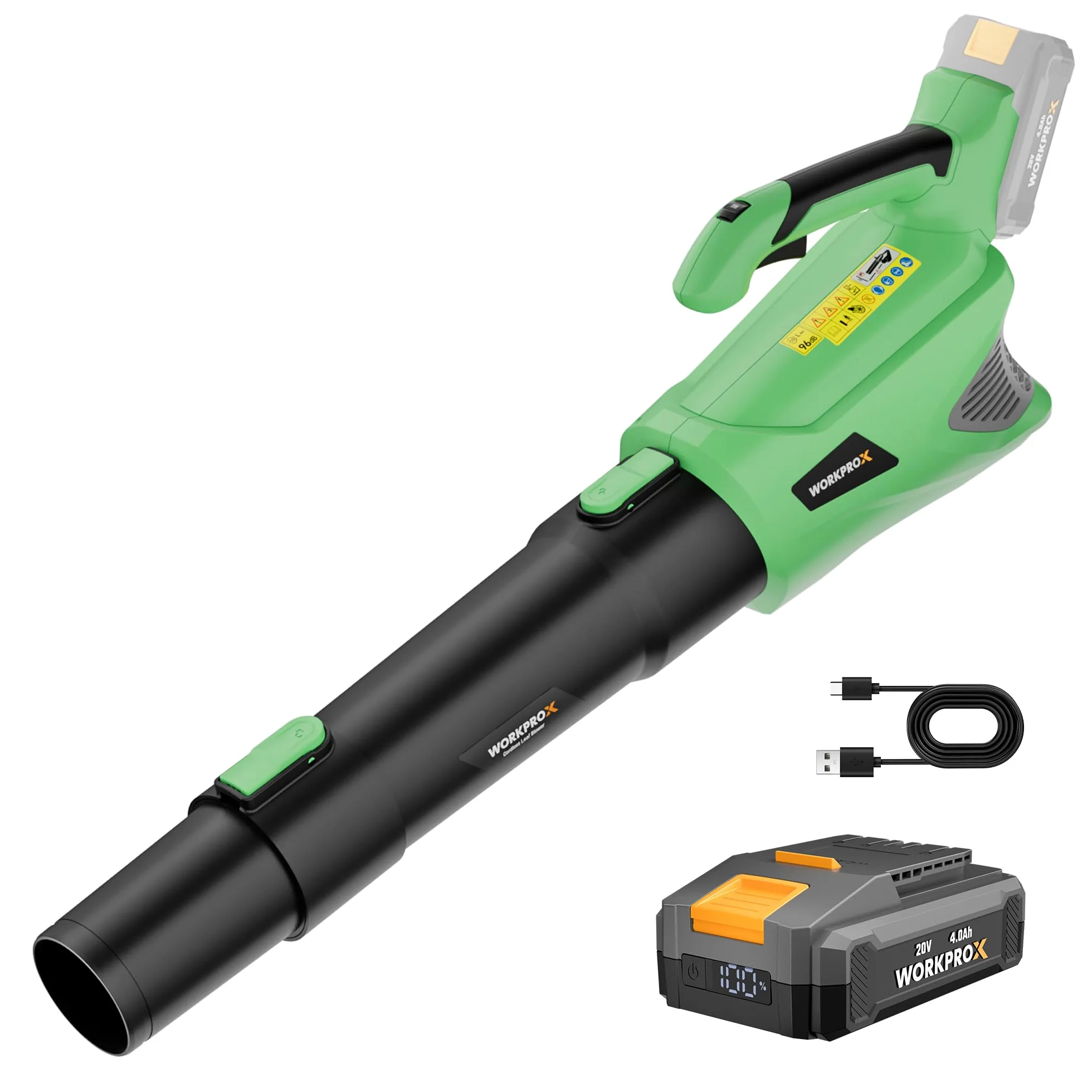 WORKPROX Souffleur de Feuilles Axial sans Fil 20V, Souffleur à Batterie 4,0 Ah avec Chargeur, Vitesse d'air Maximale 144 km/h et Capacité 850 m³/h, 5 Vitesses Réglables, pour Jardins Allées Terrasses | Chargeur Inclus, Vitesse d'air 144 km/h, Débit d'air