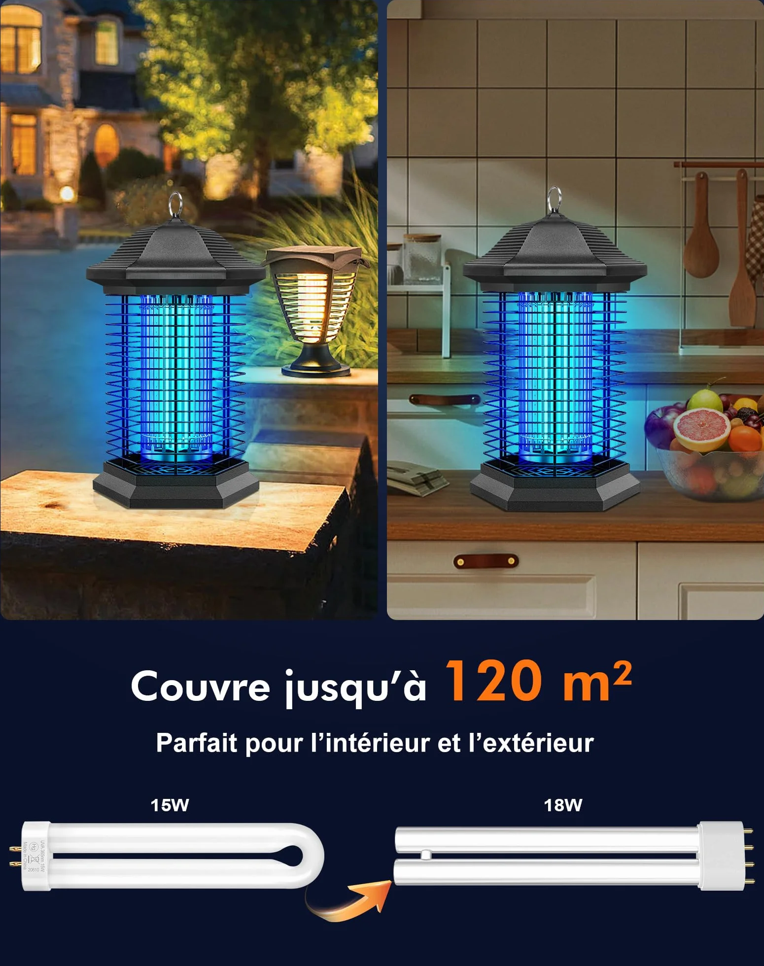 AMUFER Lampe Anti Moustique 18W 4400V Tue-Mouche Électrique IPX4 Étanche Tueur d'Insectes