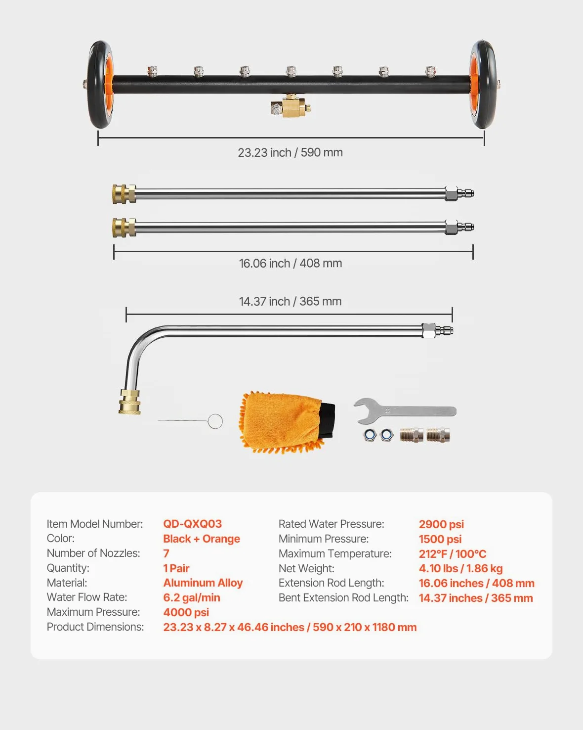 VEVOR Nettoyeur de Surface pour Nettoyeur Haute Pression 590 mm, Accessoire Nettoyeur Sol en Acier INOX sur Roues, 275 Bar Max. mécanisme de réglage d'angle 7 Buses pulvérisation 2 tiges d'extension
