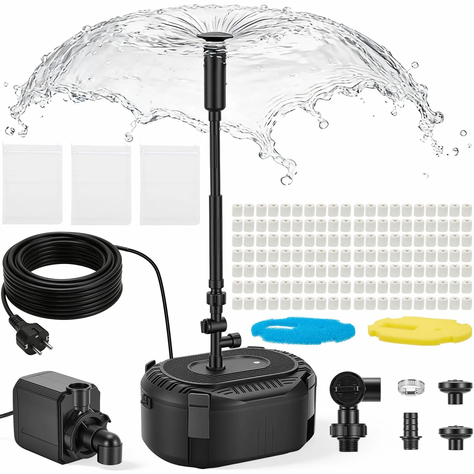 Pompe de bassin avec filtre 3000 l/h - Kit complet de filtre de bassin avec pompe 40 W, 3 buses à ressort (cloche/volcan/marguerites), filtration à plusieurs niveaux pour eau claire - Pompe