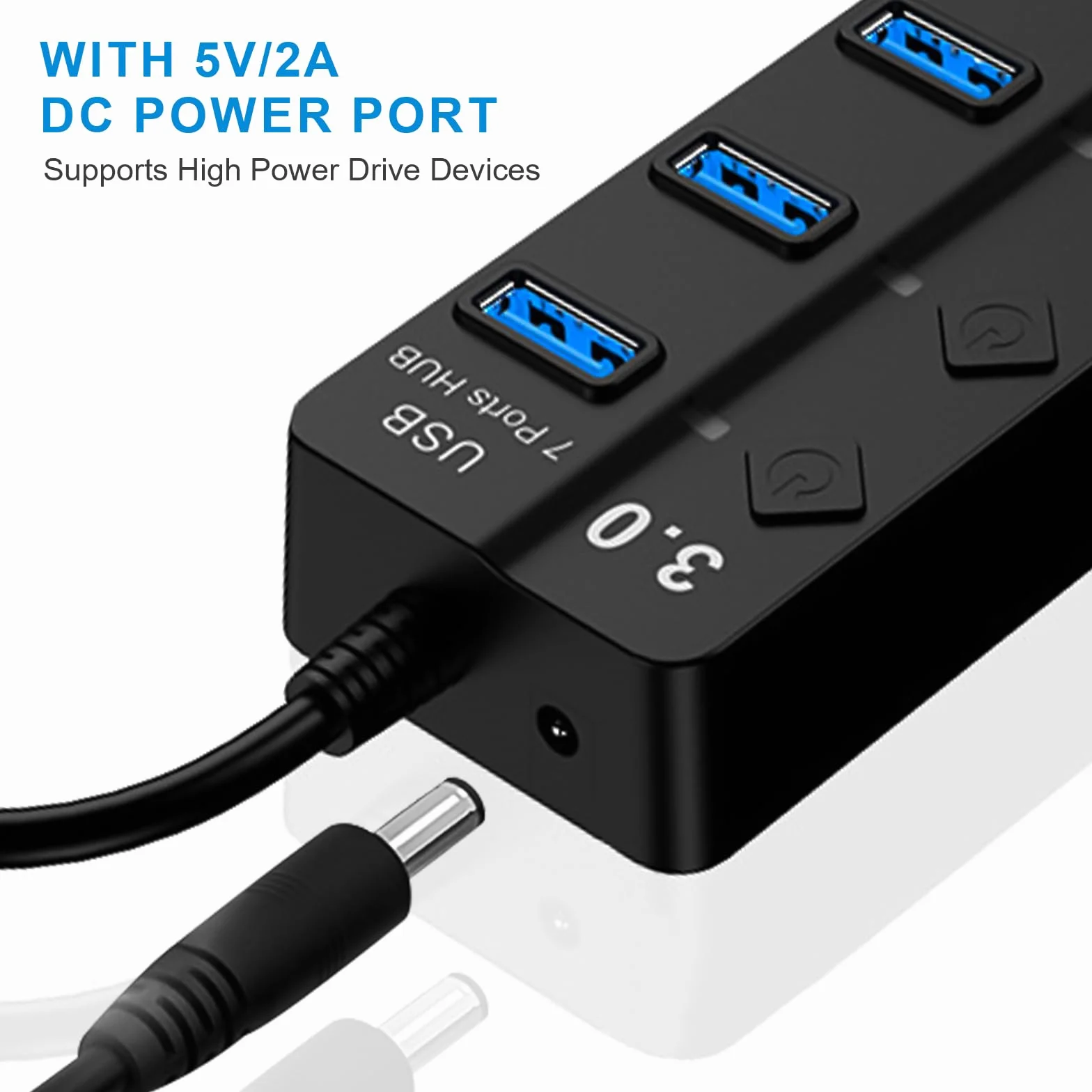 HORJOR Hub USB 3.0 7 Ports avec Interrupteur Séparé et LED, Alimenté Adaptateur Transfert Données Charge Rapide