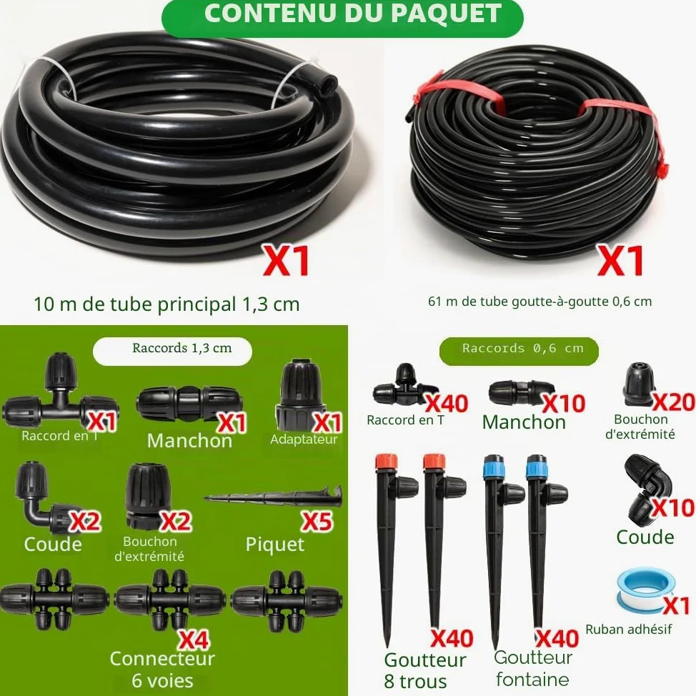 Système d'irrigation goutte à goutte de 71 m pour kit de jardin avec tubes de 1,27 cm et 6,35 mm, équipement d'irrigation automatique, raccords verrouillés, micro goutte à goutte, vaporisateur à