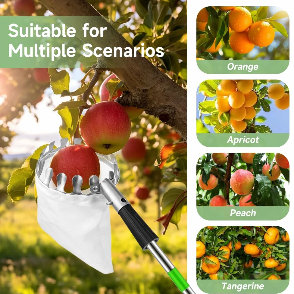 Pince à pommes de 4,2 m avec poignée télescopique, outil de cueillette de fruits avec 10 sections télescopique et sac de rangement, facile à assembler, pince à fruits en acier inoxydable pour