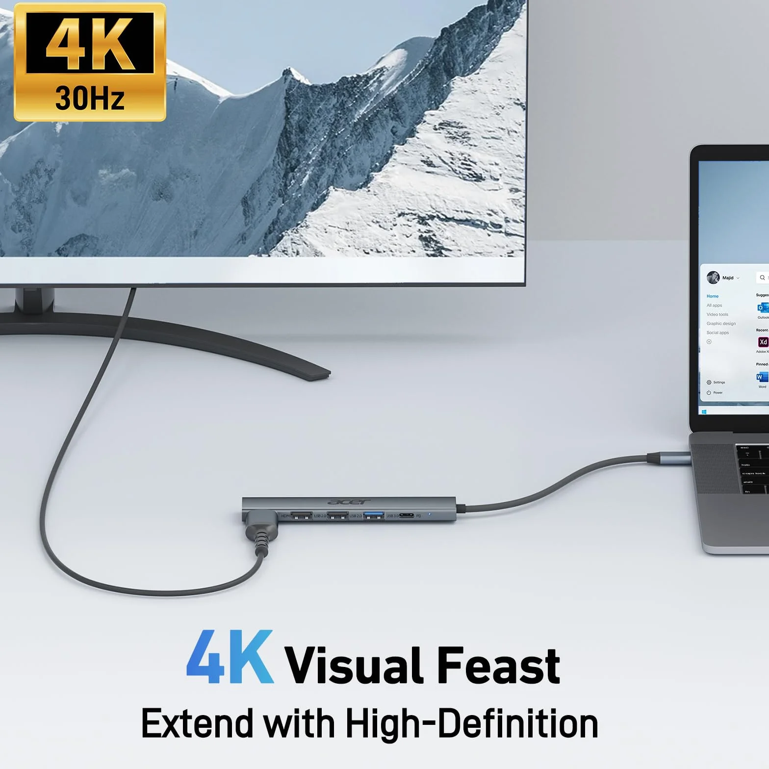 Acer Hub USB C 5-en-1 Adaptateur USB C vers HDMI 4K PD 100W Multiport USB 5Gbps