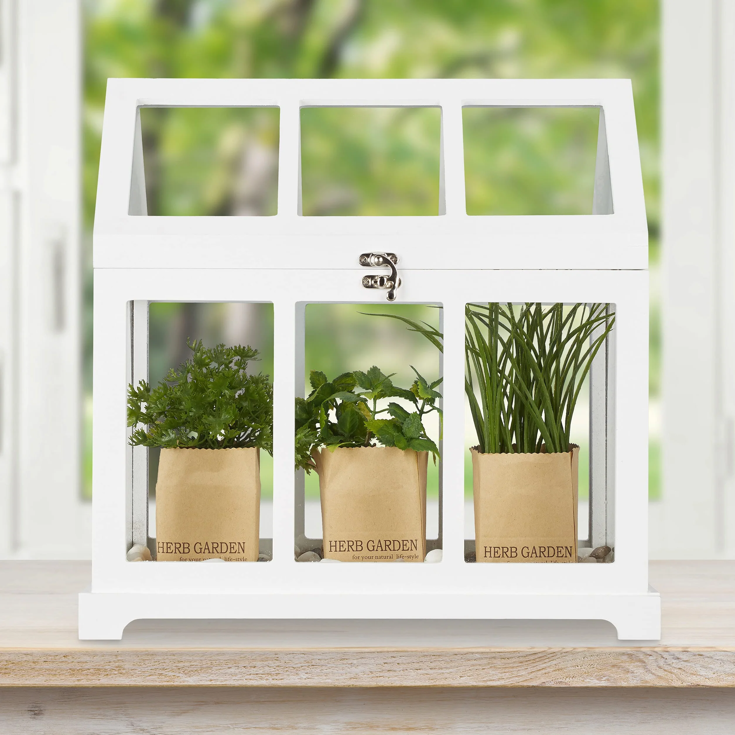 Relaxdays Mini Serre intérieur, Lot de 2, pour Le Rebord de fenêtre, en Verre et MDF, Herbes, Fleurs, 2 Tailles, Blanc