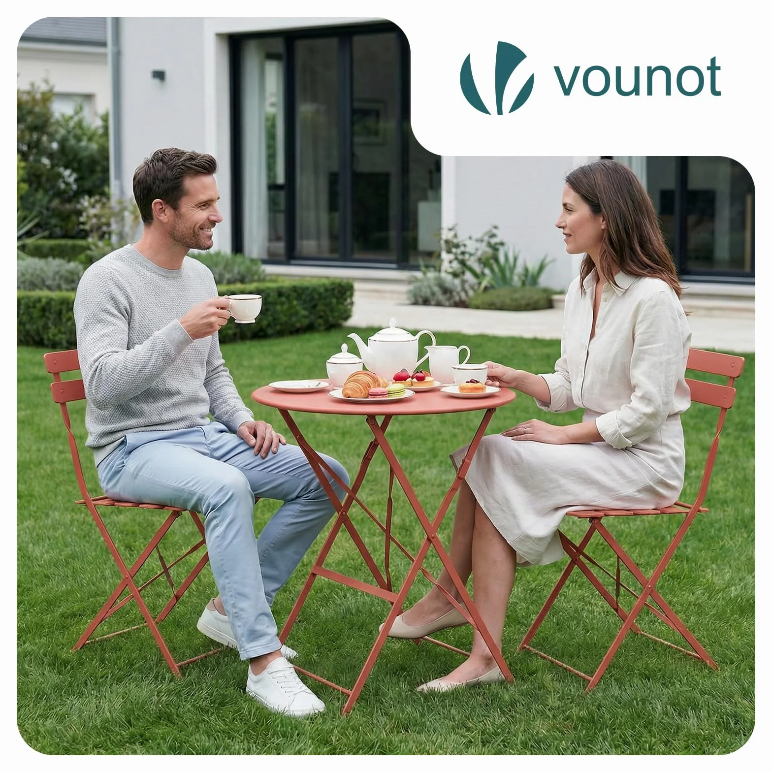 Vounot Ensemble de Bistrot Pliant 3 Pièces Métal Rouge Brique Jardin
