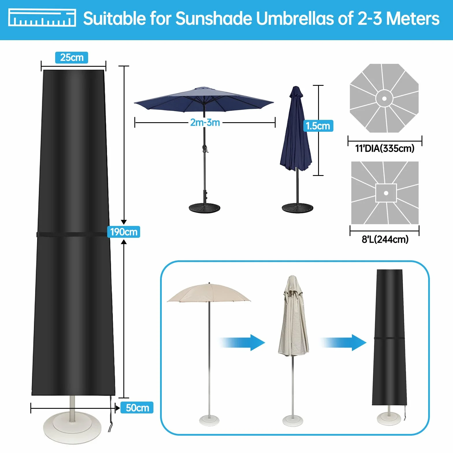 Housse de protection étanche parasol Yoxovo 210D Ø 2/3 m déporté