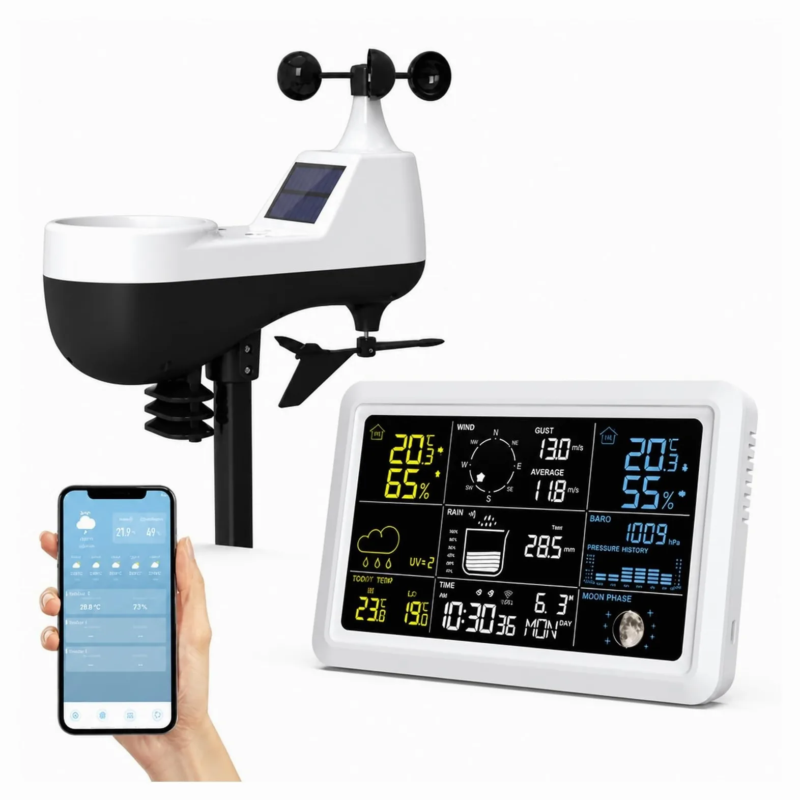 Pluviomètre extérieur, Réveil De Station Météo Sans Fil 7,5" Avec Capteur | WHITE