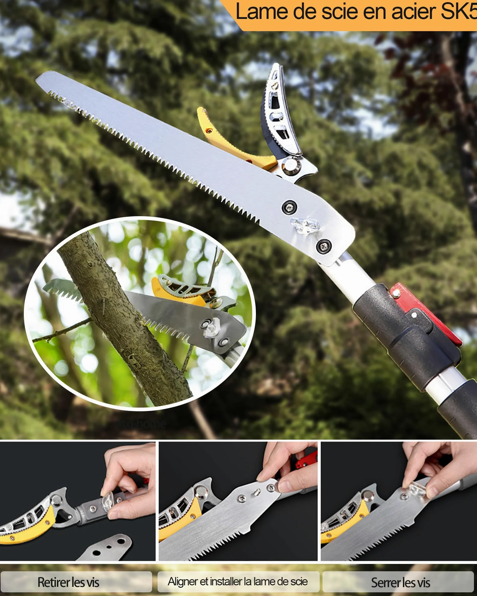 Sécateur Télescopique Sécateur de Jardin Télescopique Extensible Multifonction 1.4 à 3 m pour travailler sur de longues distances lame de scie la cueillette de fruits-2 têtes de couteau