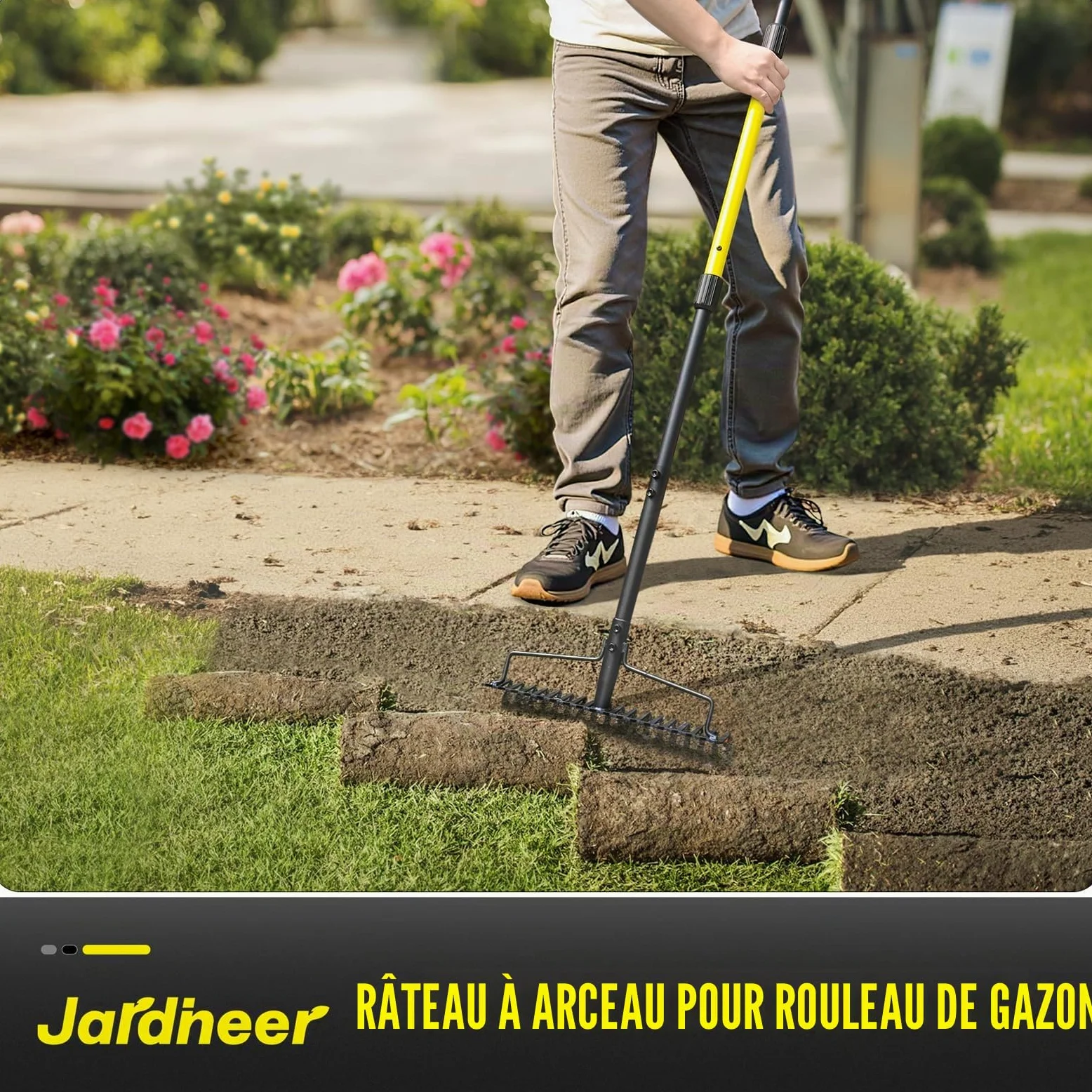 Jardineer Râteau d'arc robuste à long manche en métal pour gravier, roches, pelouses, feuilles, nivellement du sol, aménagement paysager, râteau de jardin avec 18 dents en acier (150 cm)
