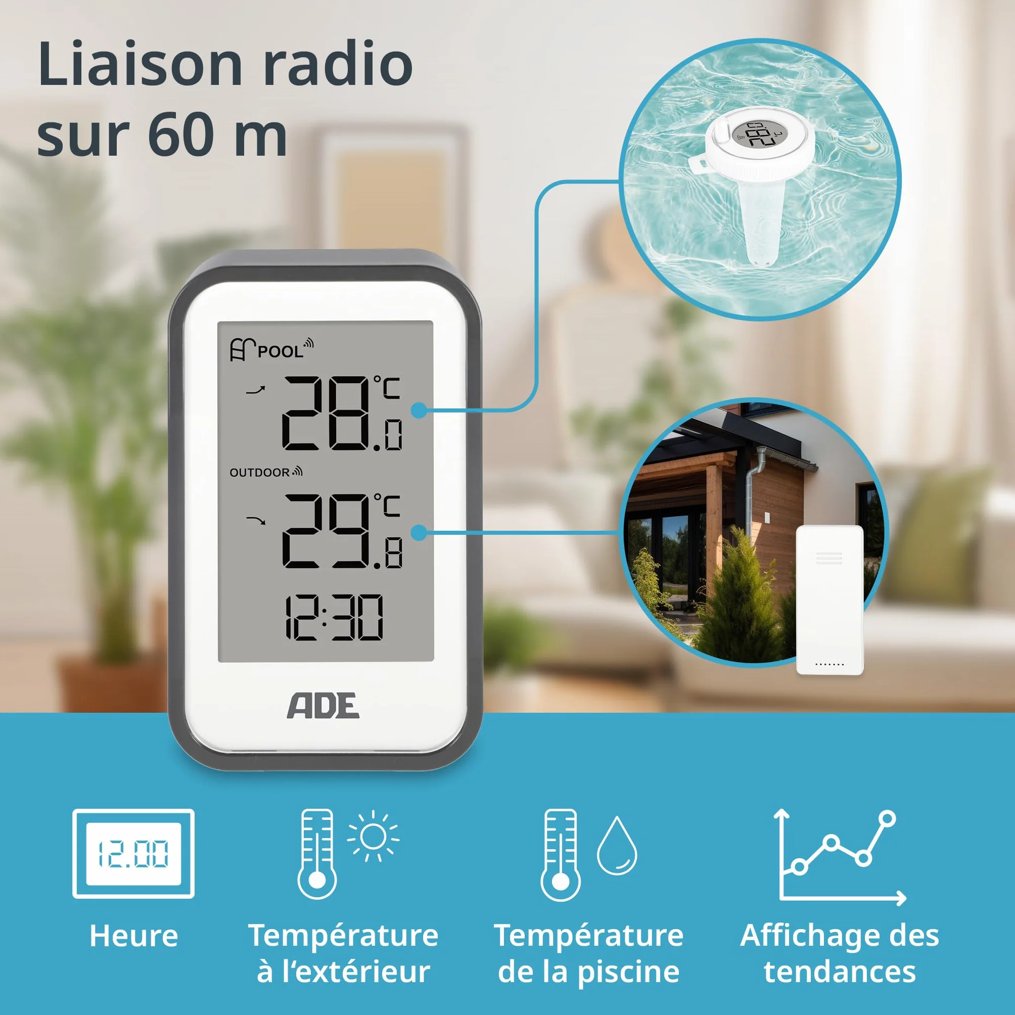 ADE Thermomètre piscine sans fil étanche IP67 avec capteur extérieur température eau air