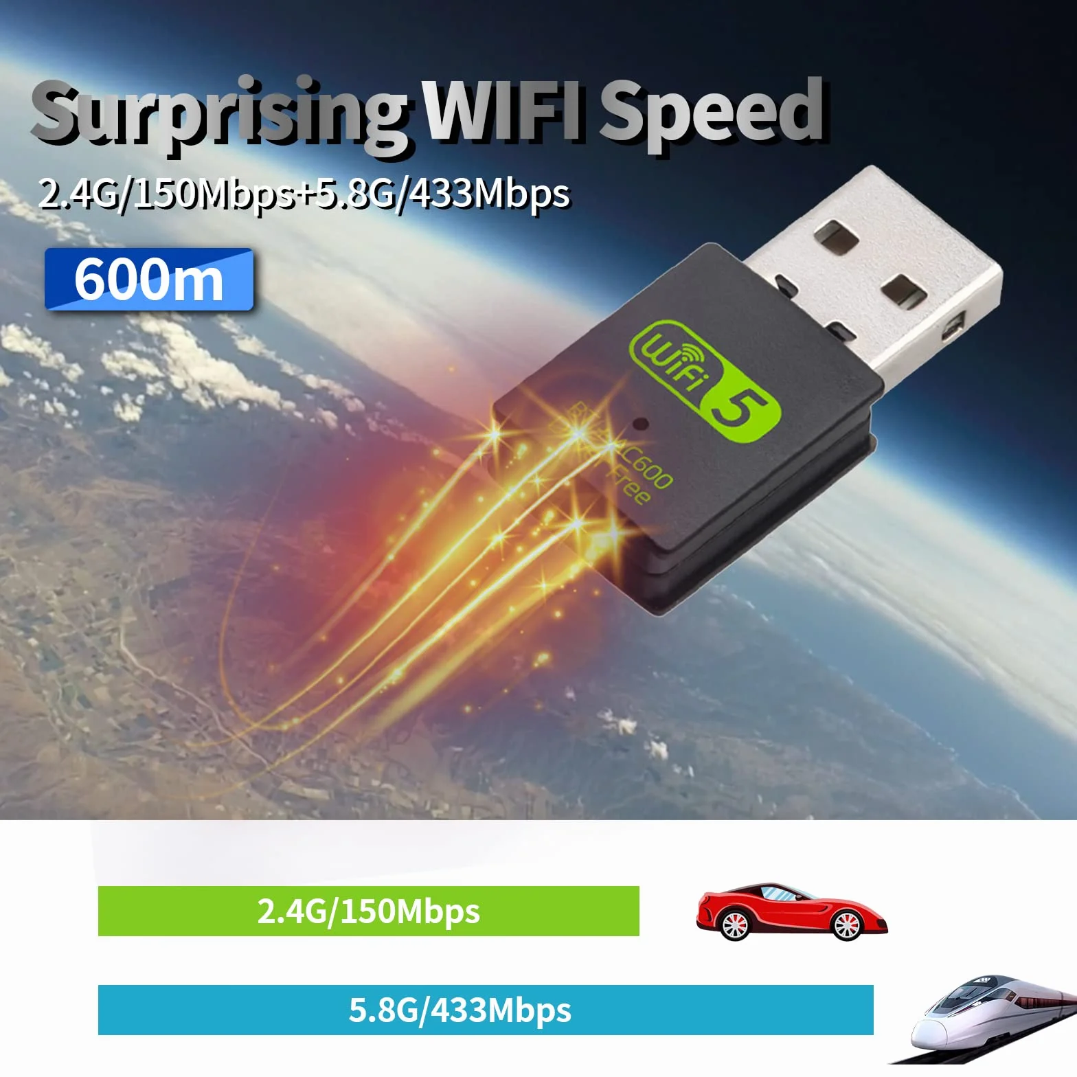 Clé WiFi USB 600 Mbps Adaptateur Bluetooth 4.2 Dongle 2.4 GHz/5.8 GHz pour PC Windows Mac